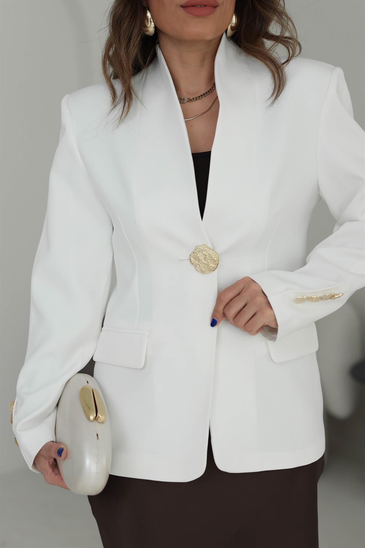 1171 Hakim Yaka Gold Düğme Detaylı Blazer Ceket EKRU