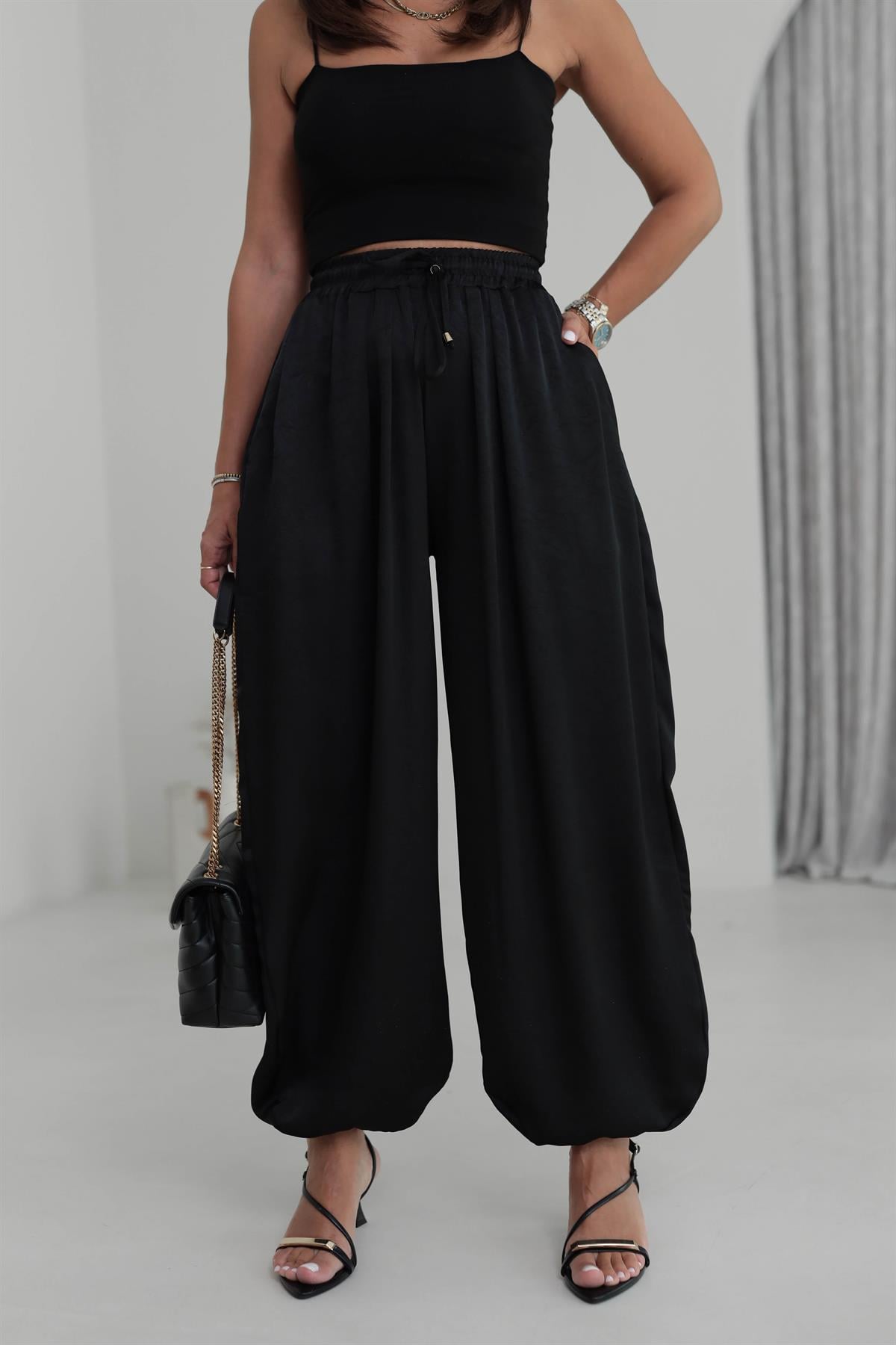 1199 Kendinden Desenli Saten Şalvar Pantolon SİYAH