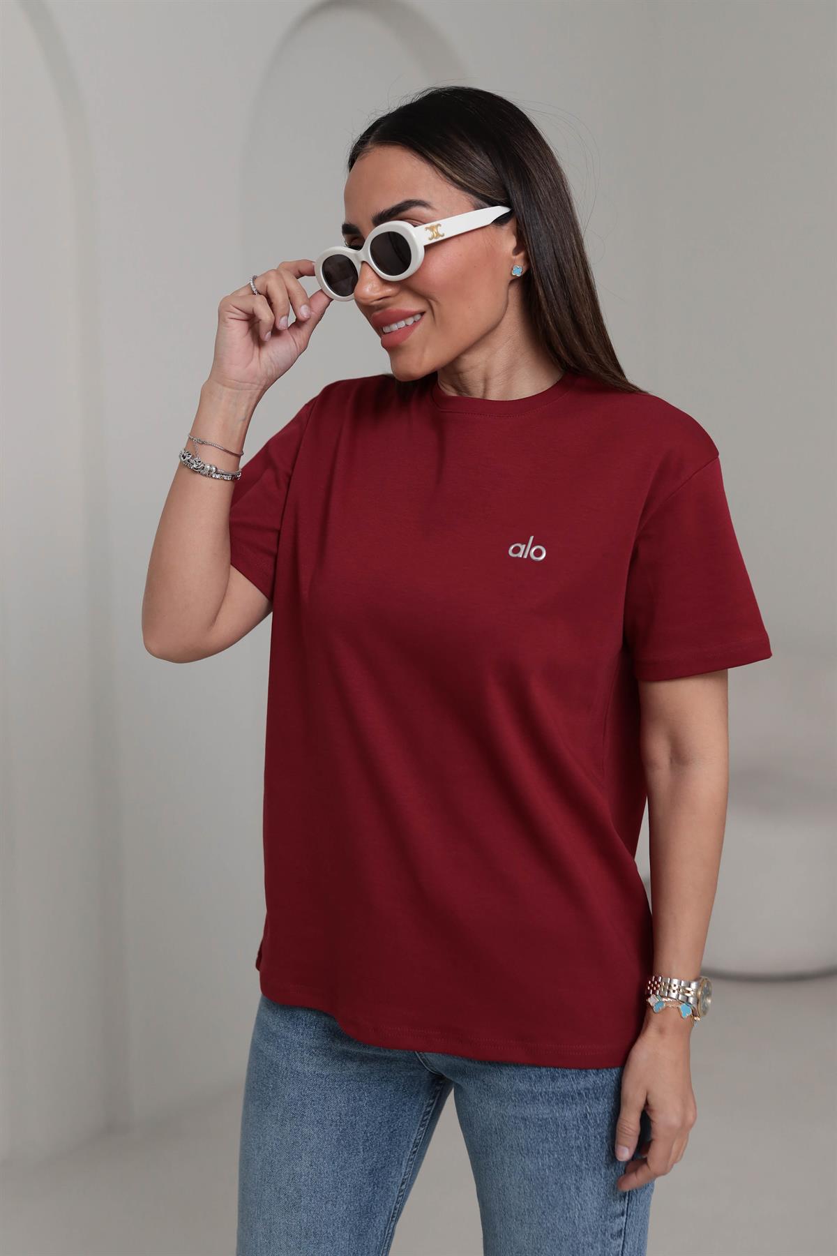 1022 Bisiklet Yaka Gümüş Yazı Detaylı Tshirt BORDO