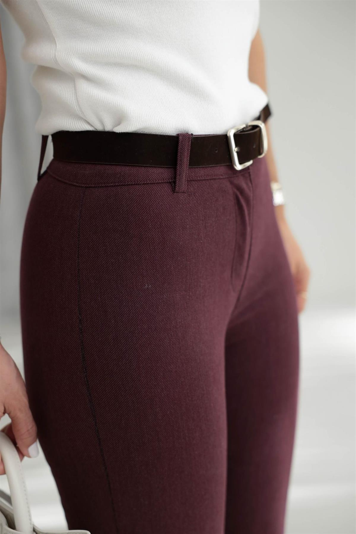 7142 Likralı Kemerli Gabardin İspanyol Pantolon BORDO