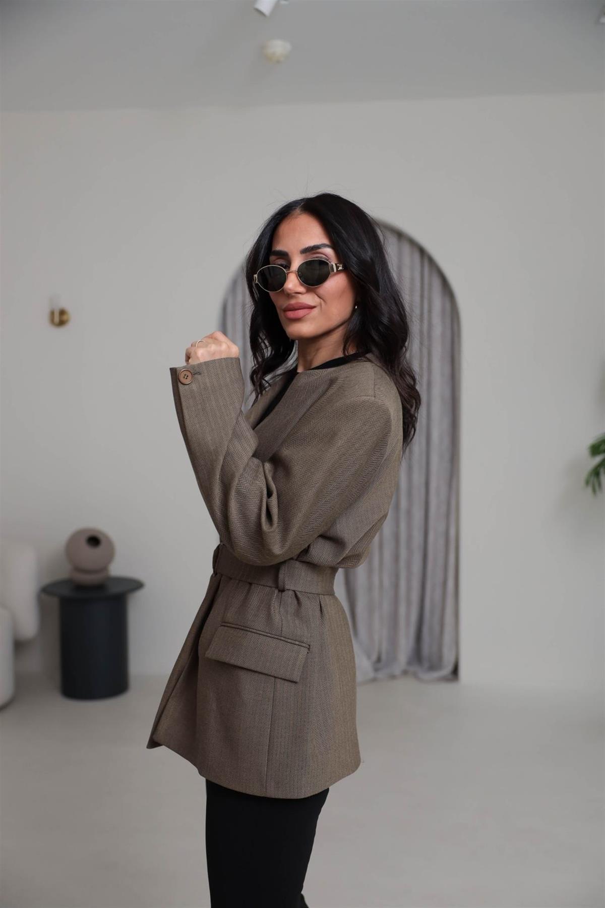1284 Vatkalı Kemerli Balıksırtı Blazer Ceket CAMEL
