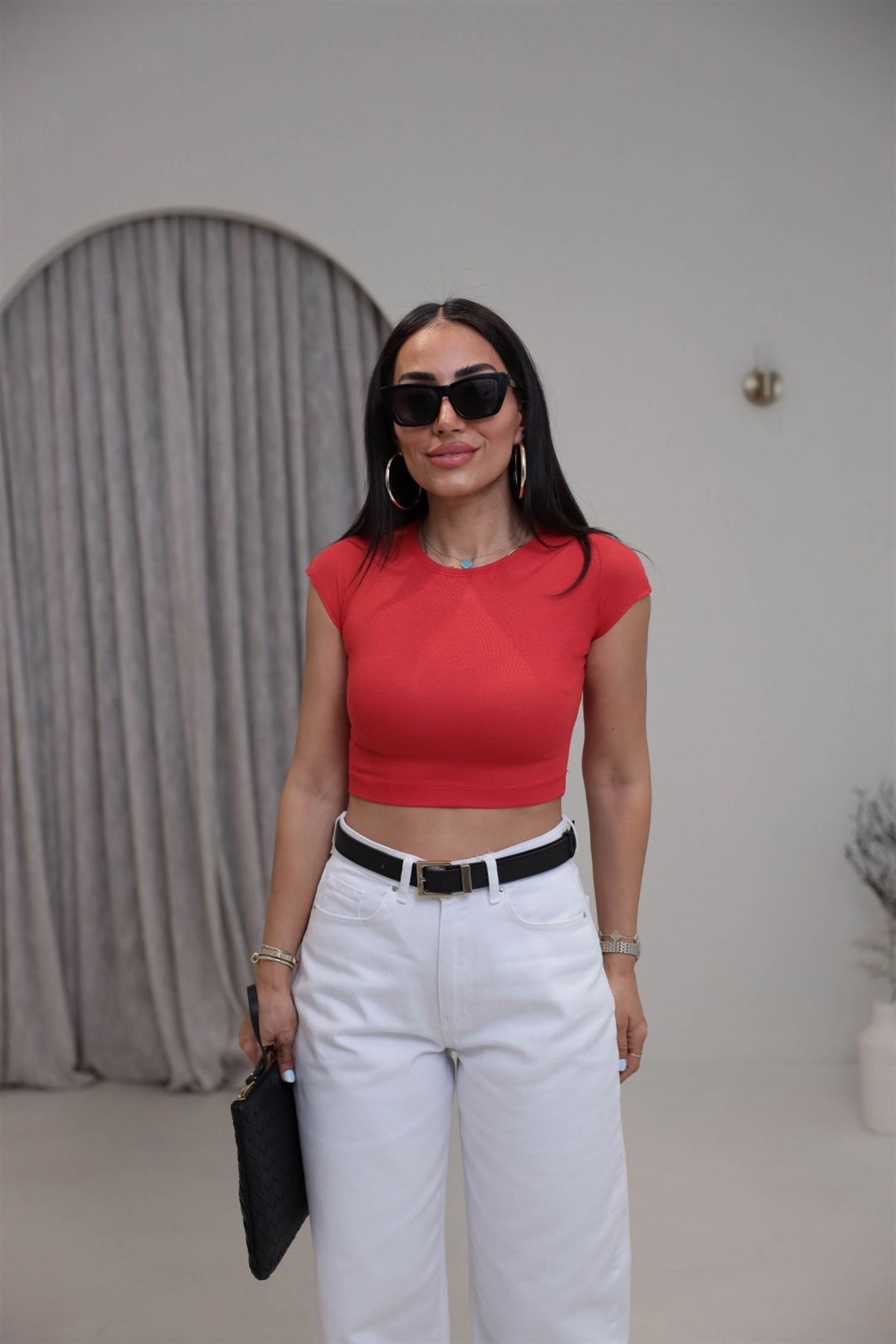 0528 Pamuk ve Modal Karışımlı Crop Top KIRMIZI