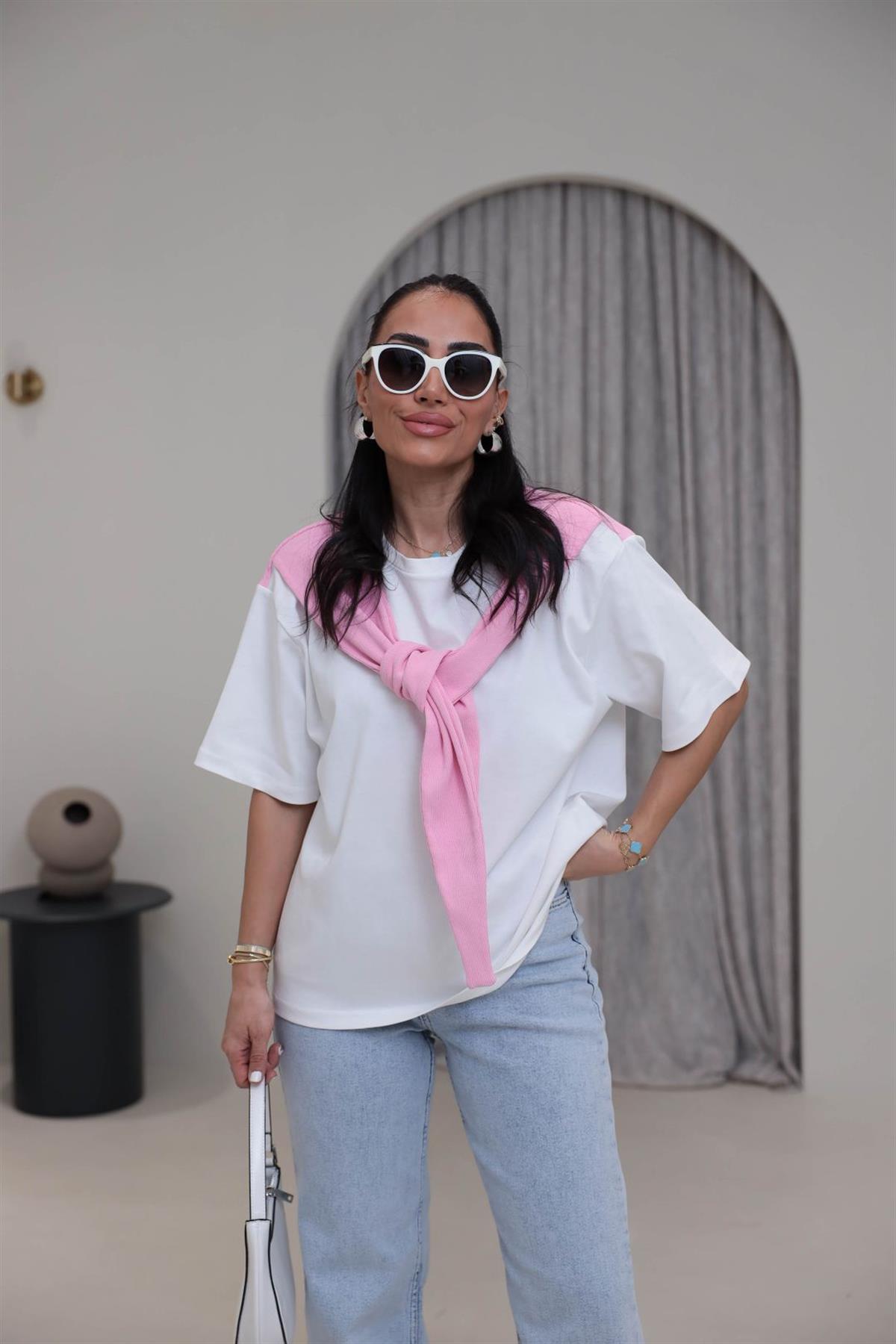 0688 Şal Detaylı Pamuklu Tshirt PEMBE