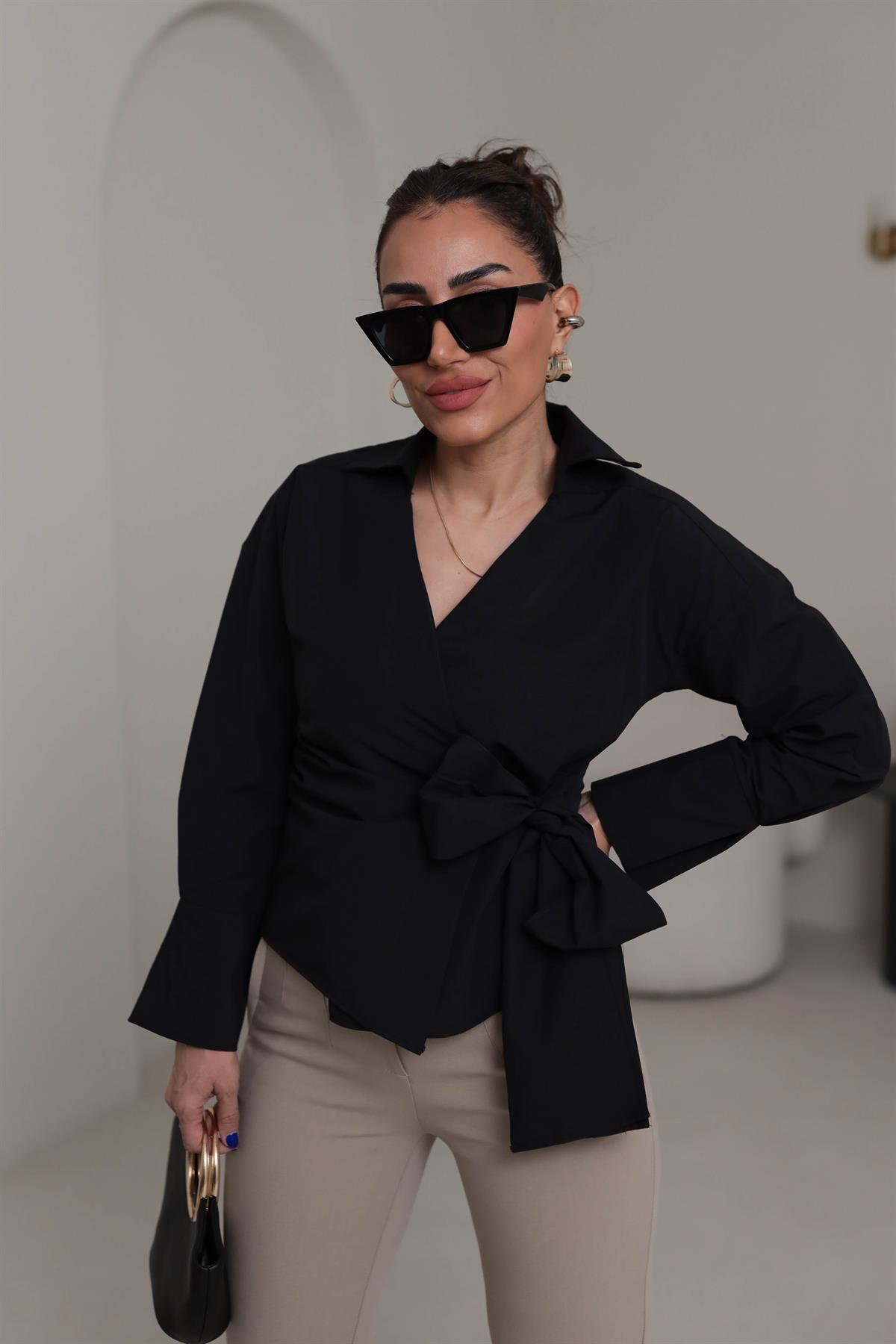 1023 Kruvaze Yaka Yandan Bağlamalı Poplin Gömlek SİYAH