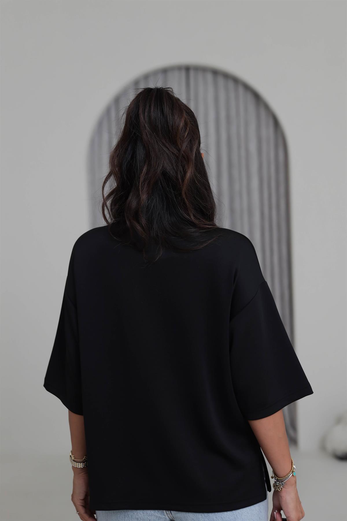 4783 Bisiklet Yaka Rahat Modal Cupra Tshirt SİYAH