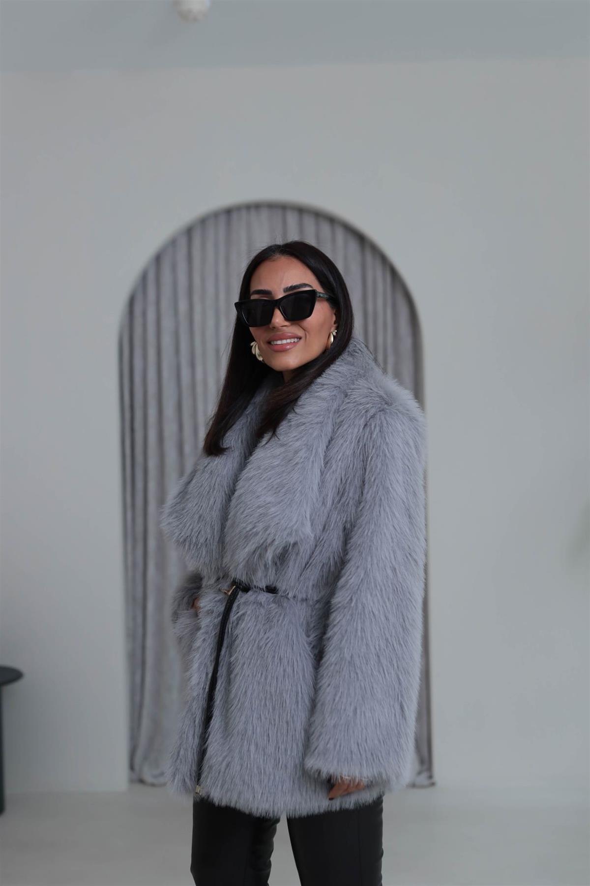 Yakalı Kemerli Suni Kürk Kaban GRİ