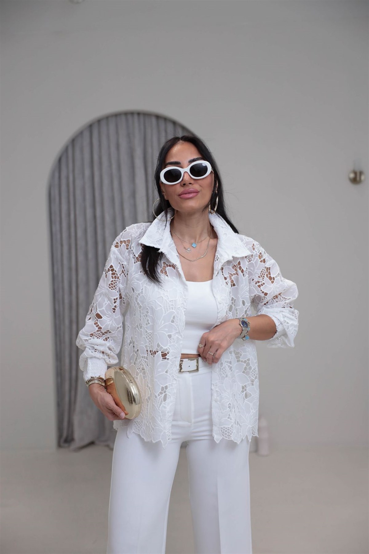 Kol Lastik Detaylı Güpürlü Gömlek BEYAZ