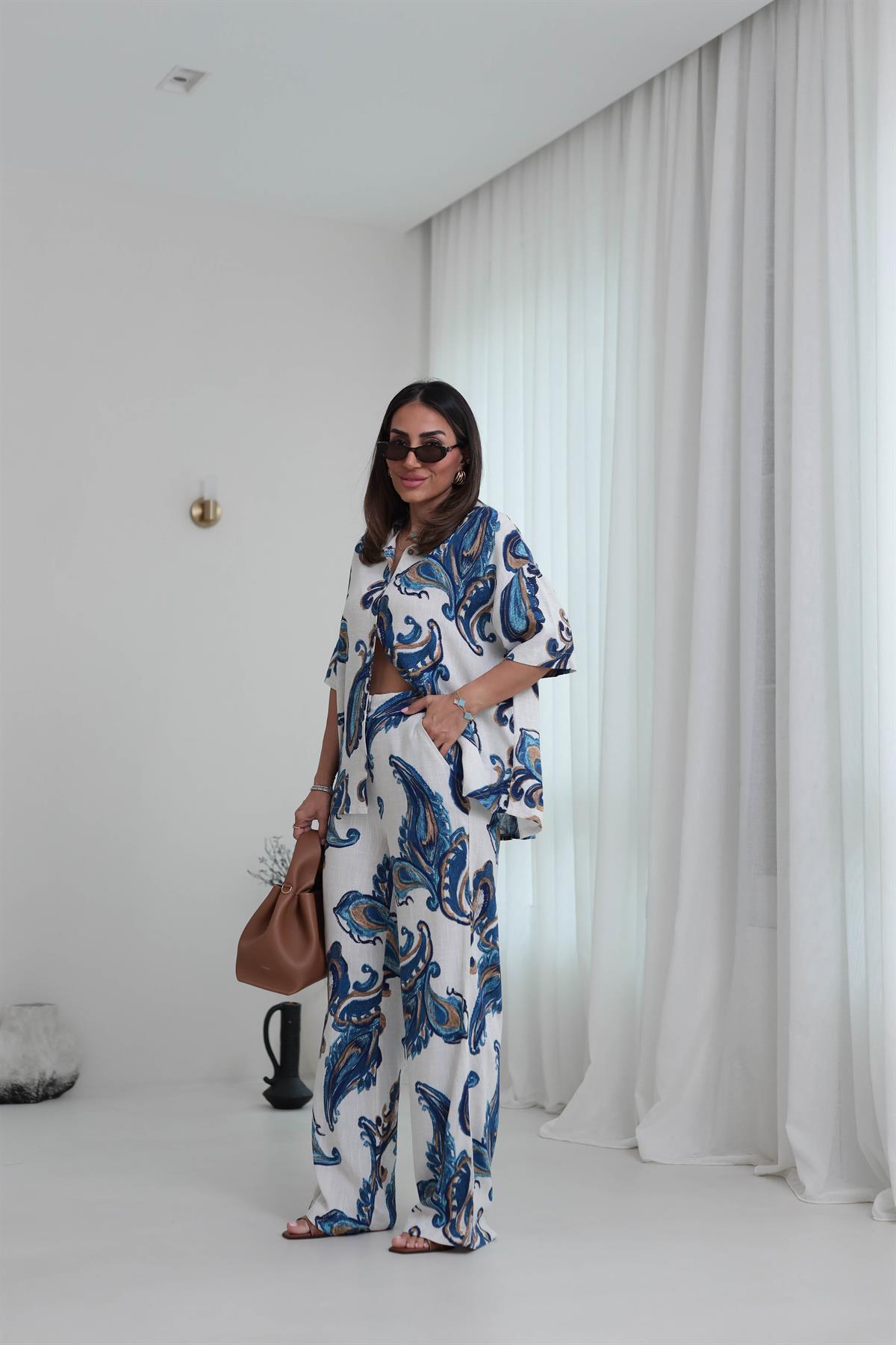 8351 Floral Desen Keten Gömlek & Pantolon Takım MAVİ