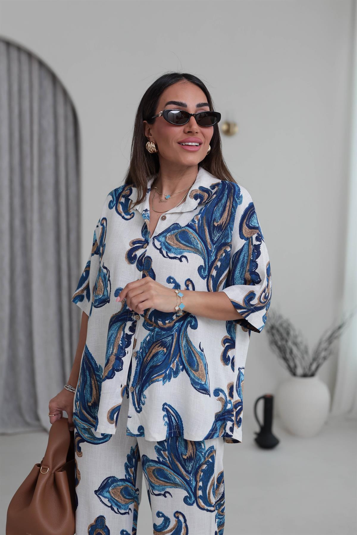 8351 Floral Desen Keten Gömlek & Pantolon Takım MAVİ