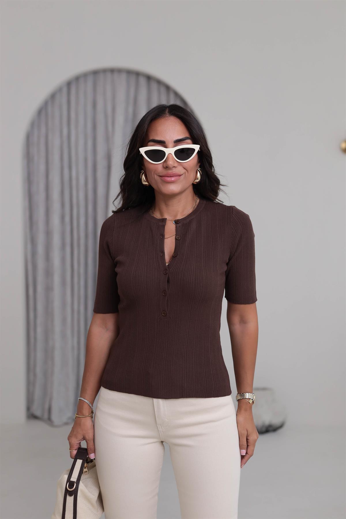 0731 Bisiklet Yaka Fitilli İnce Triko Bluz KAHVE