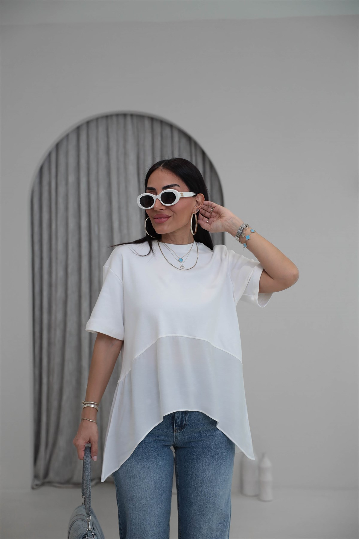 8204 Bisiklet Yaka Tencel Garnili Dökümlü Tshirt EKRU