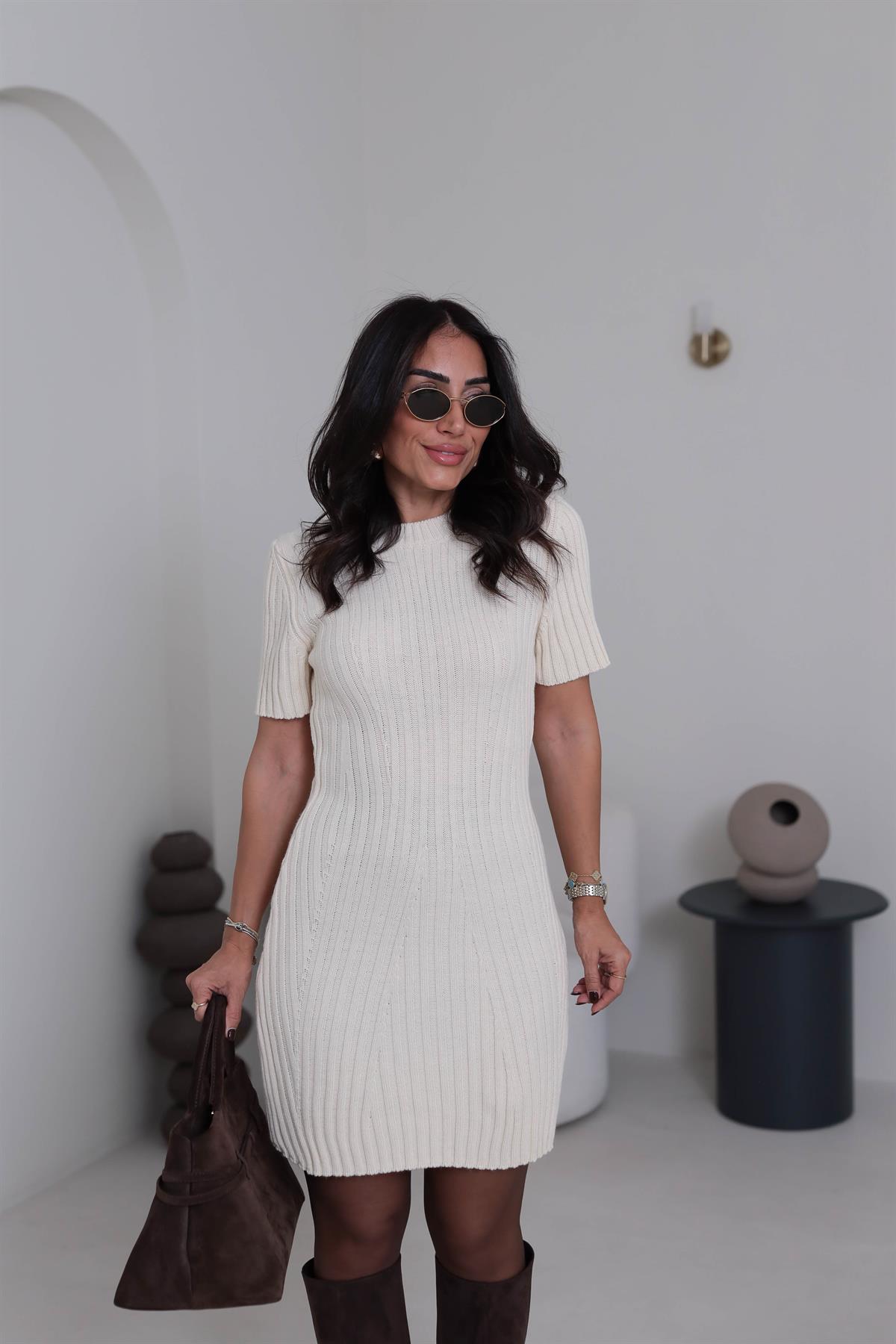 5264 Kısa Kol Triko Elbise KREM