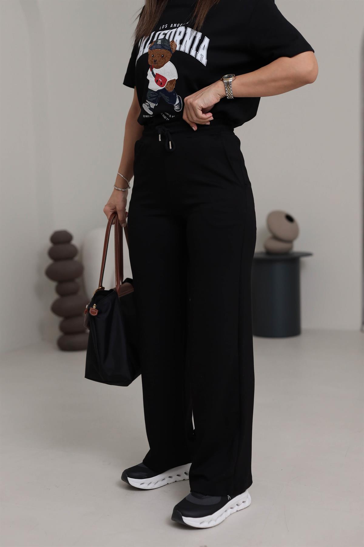 0016 Modal Kumaş Bel Lastikli Palazzo Eşofman Altı SİYAH