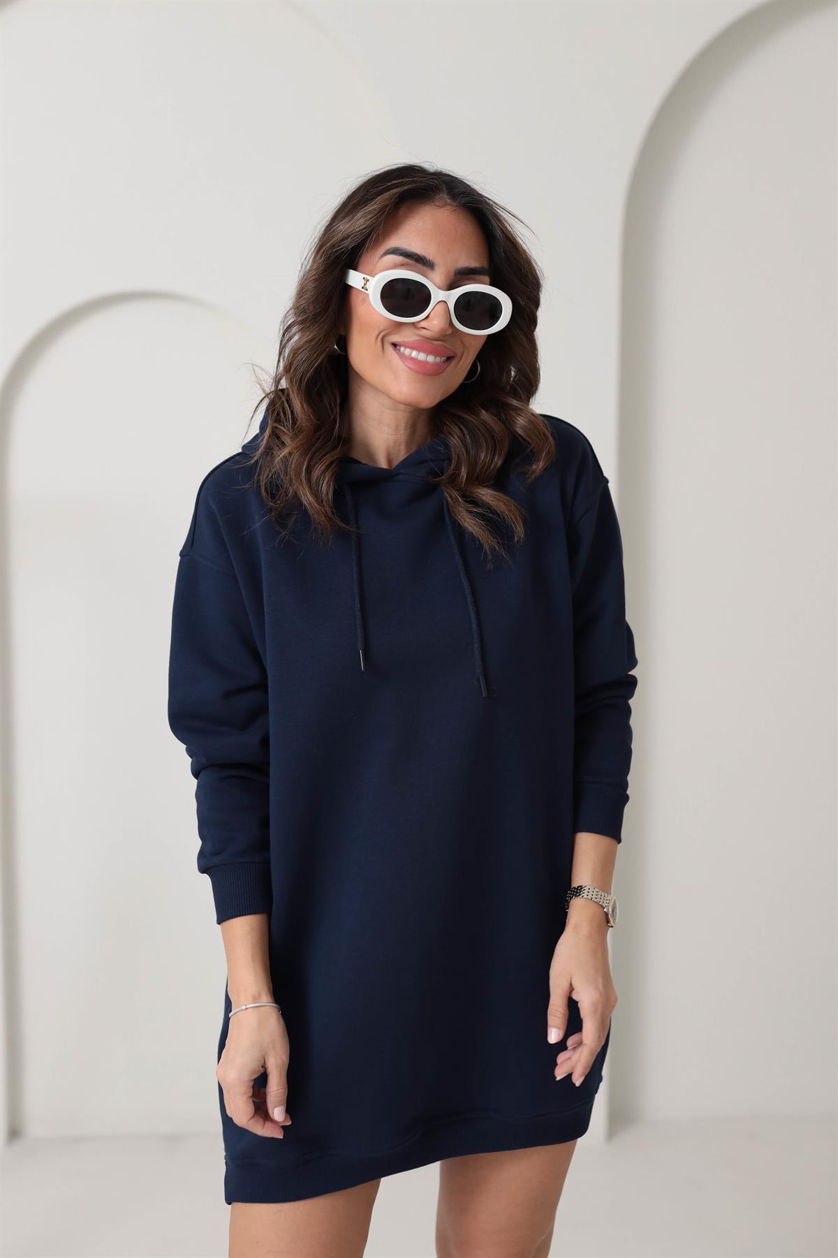 1231 Kapşonlu Sweat Elbise LACİVERT