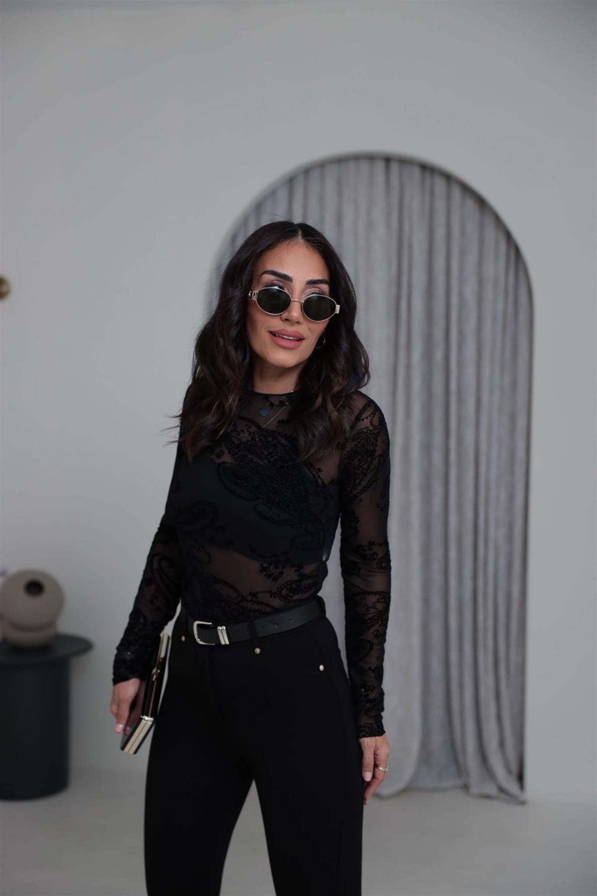 7248 Kadife Baskılı Asimetrik Tül Bluz SİYAH