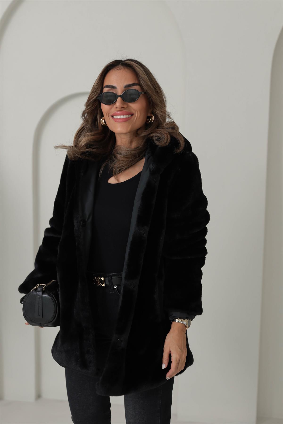 1139 Kapşonlu Kalın Kürk SİYAH