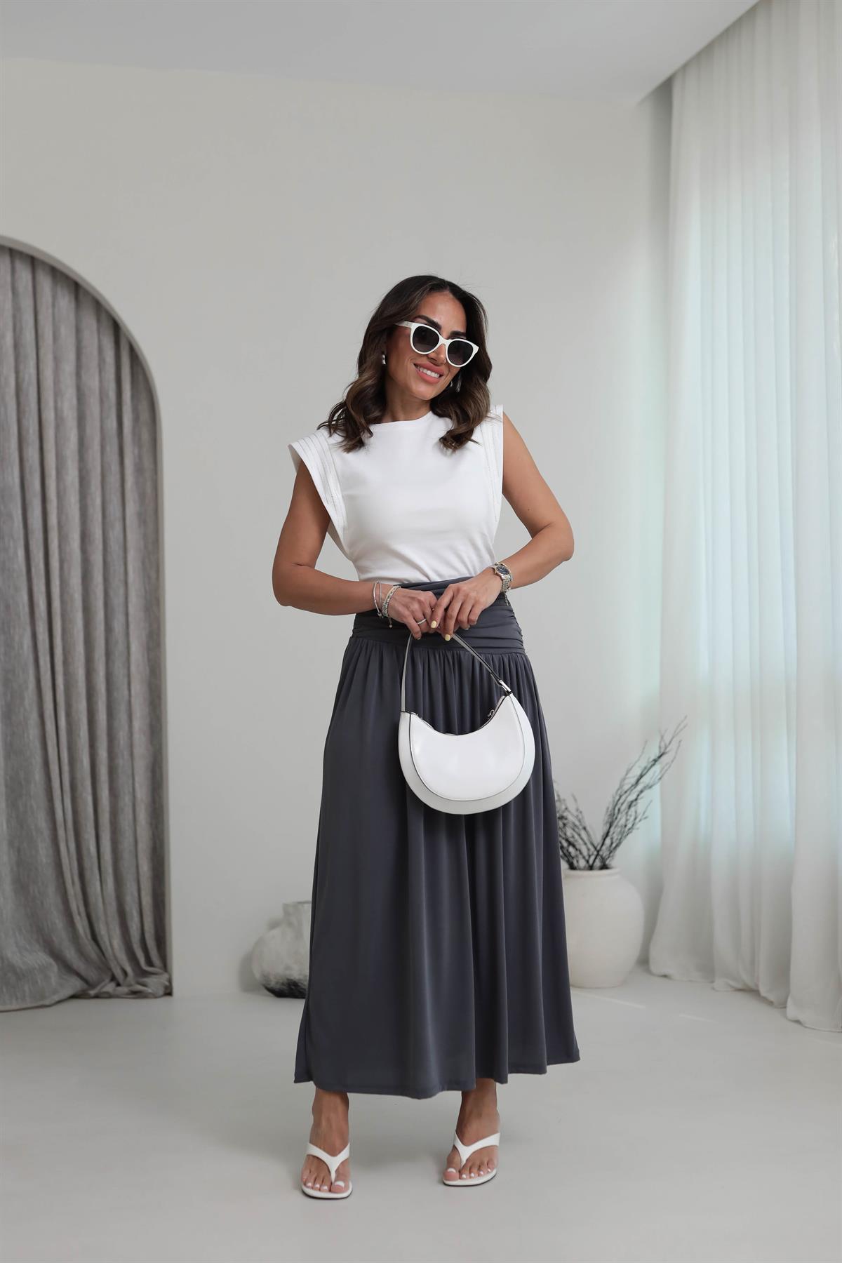 3254 Geniş Omuz Şerit Taşlı Pamuklu Tshirt BEYAZ