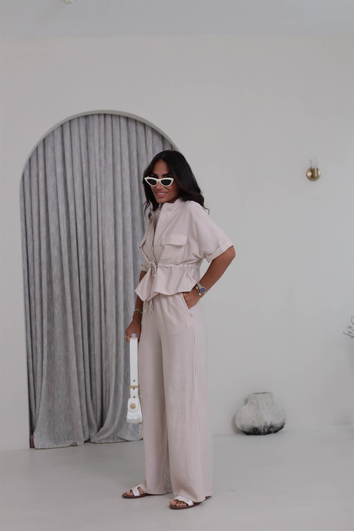 0343 Cep Kapaklı Bel Büzgülü Gömlek & Pantolon Takım VİZON