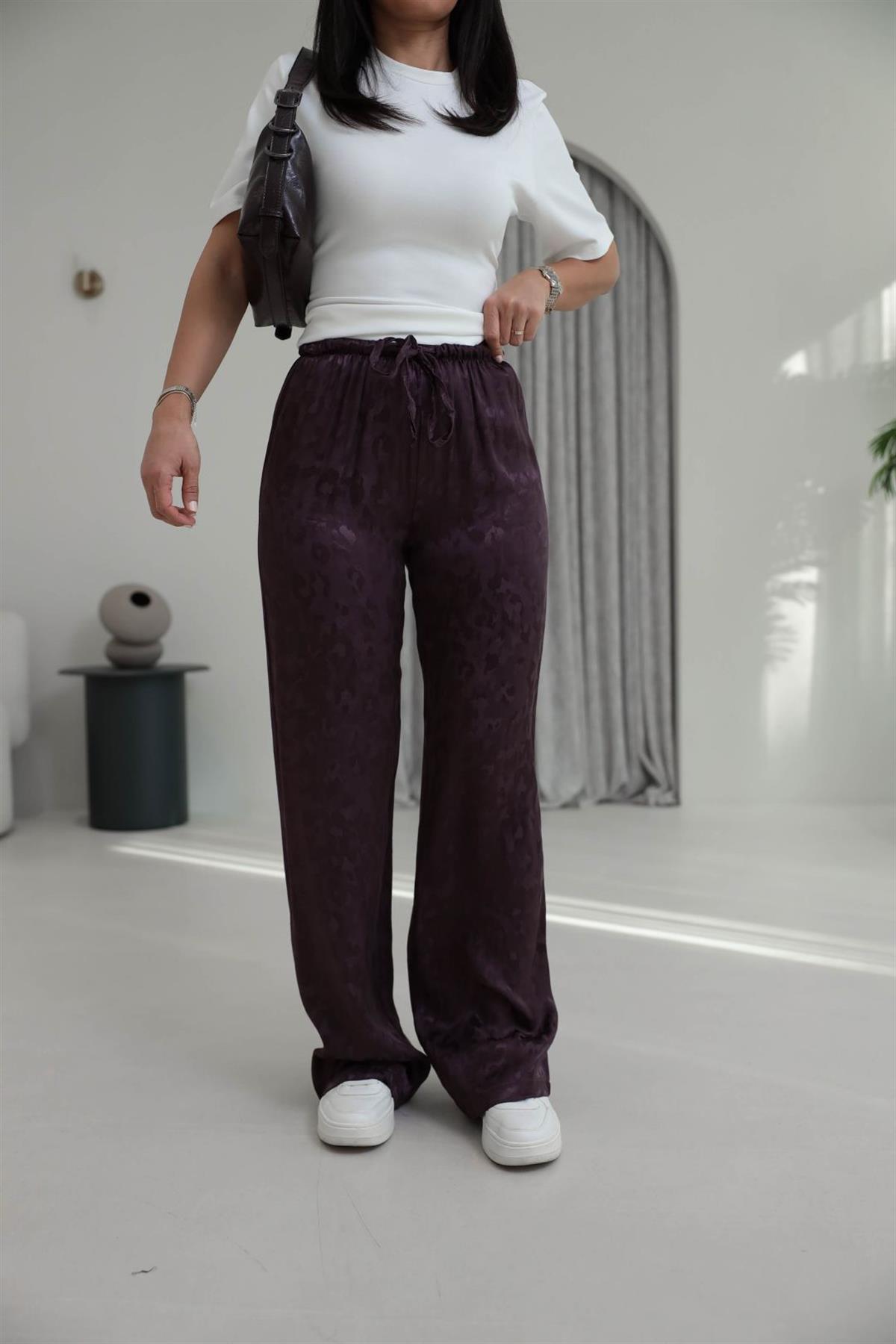 1635Y Leopar Desen Jakarlı Saten Pantolon MÜRDÜM