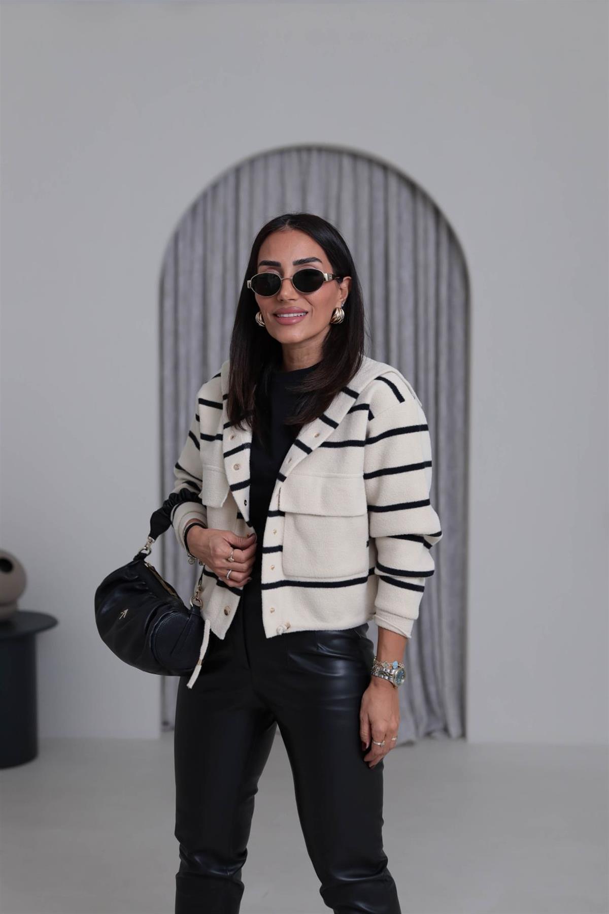 4600 Gold Düğme Detaylı Çizgili Angora Ceket EKRU