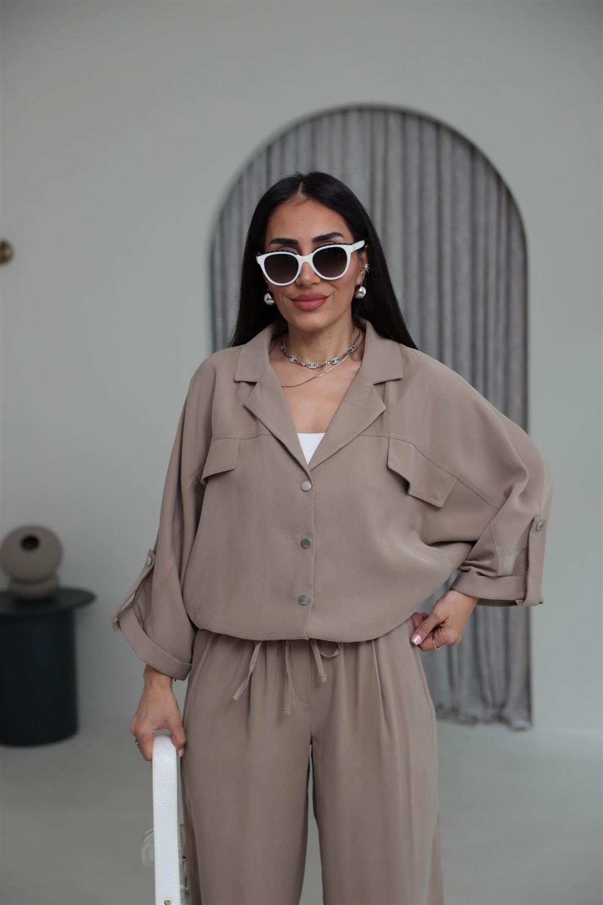 T0666 Tasarım Gabardin Tencel Takım CAMEL