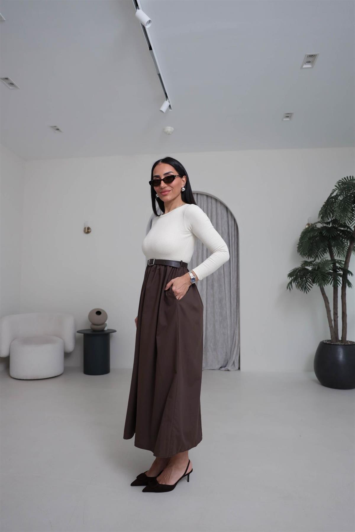 2018 Kemerli Kaşkorse Uzun Kol Elbise KREM