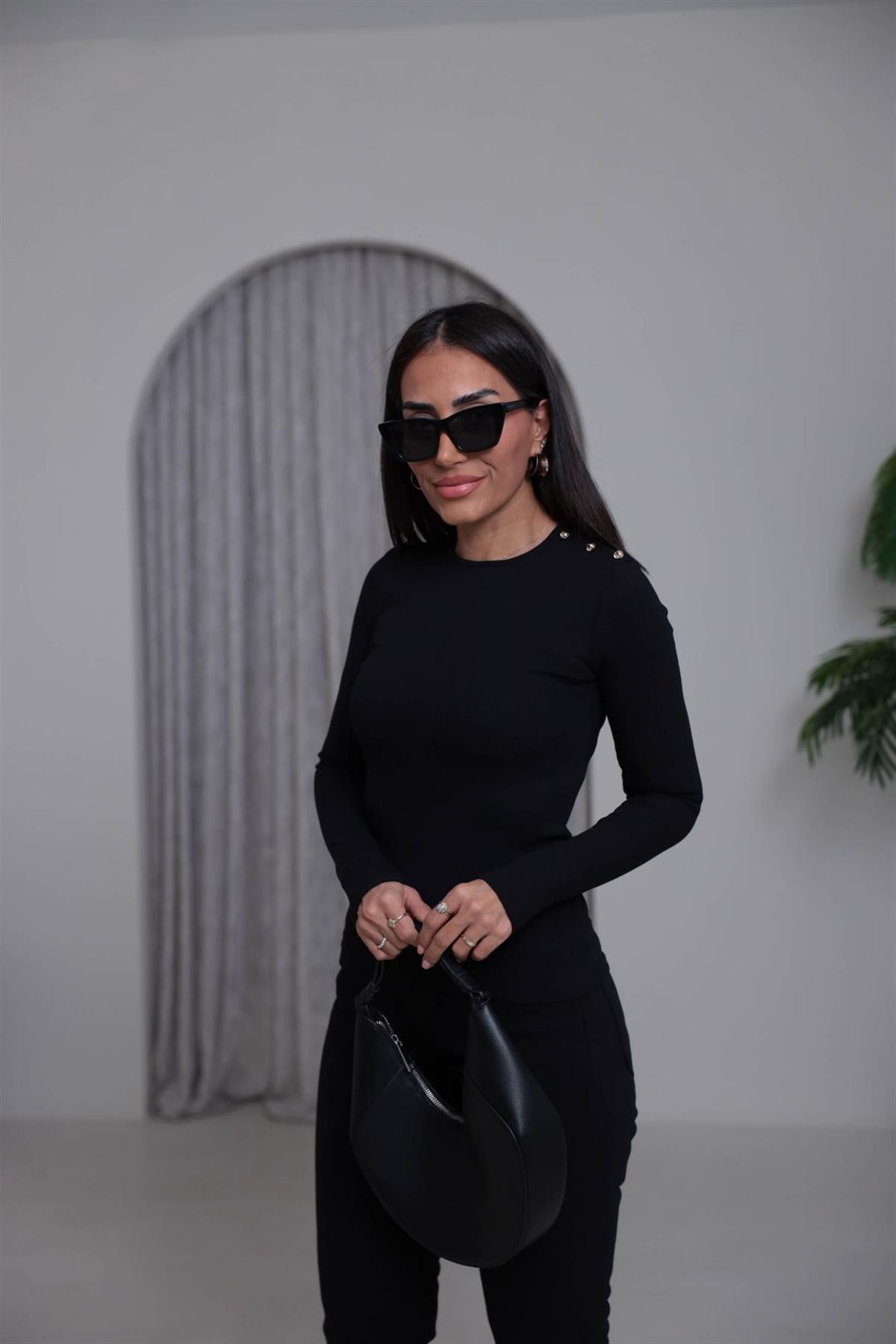 7245 Omzu Düğmeli Fitilli Bluz SİYAH