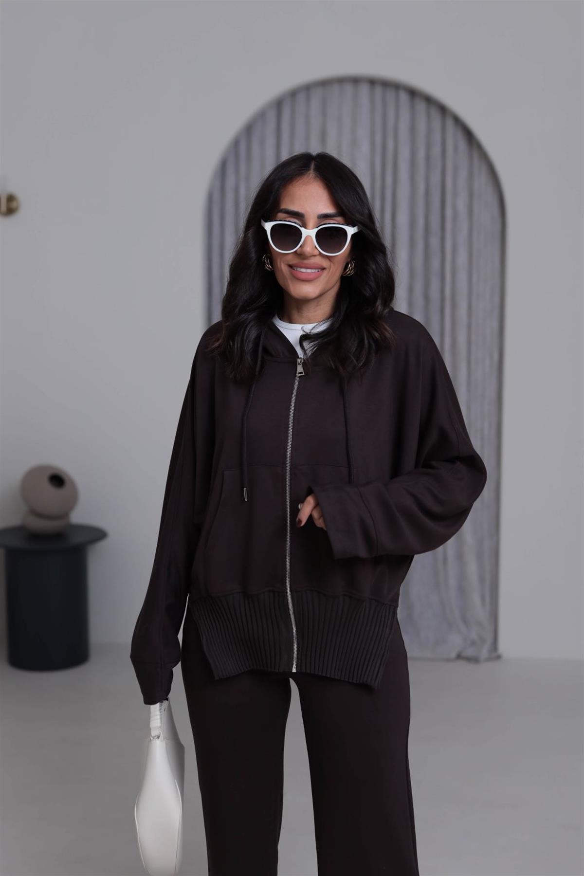 4038 Ribana Detay Fermuarlı Takım KAHVE