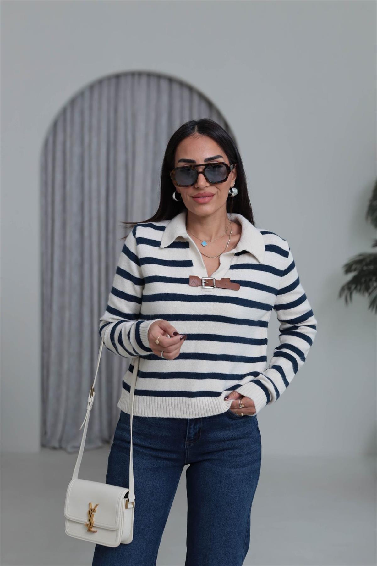 4630 Kemer Detaylı Polo Yaka Triko Bluz LACİVERT