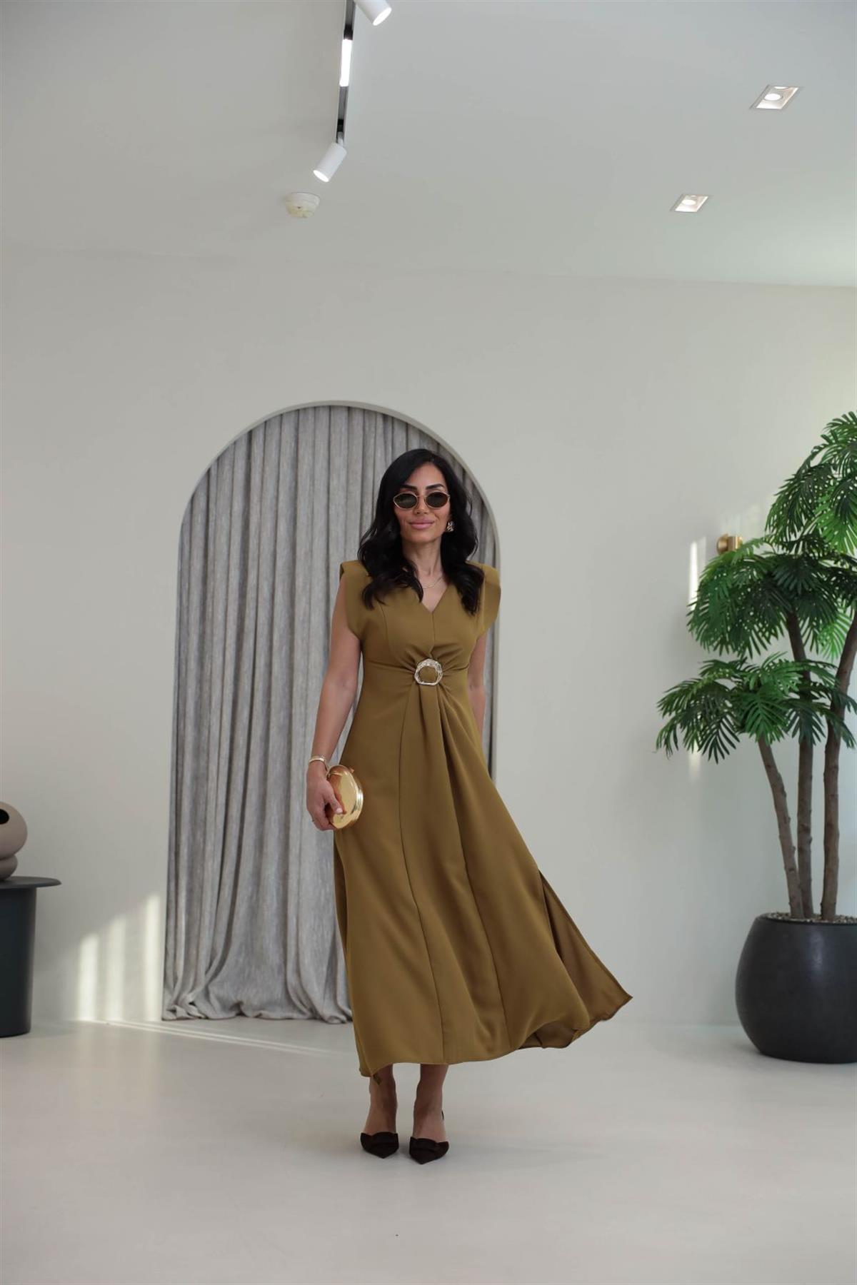 3865 V Yaka Gold Tokalı Maxi Elbise OLİVE