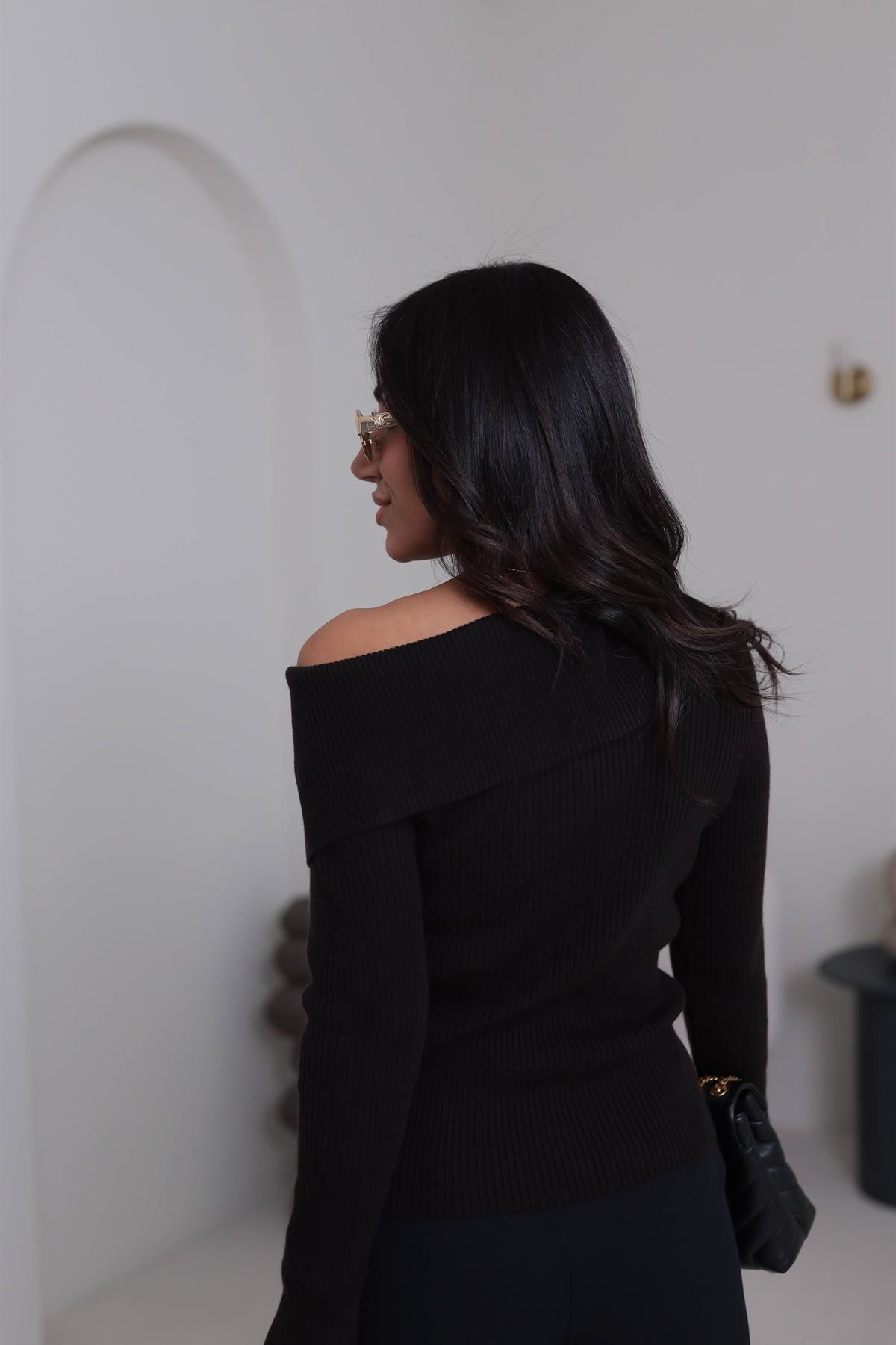 0815 Asimetrik Yaka Fitilli Triko Kazak ACI KAHVE