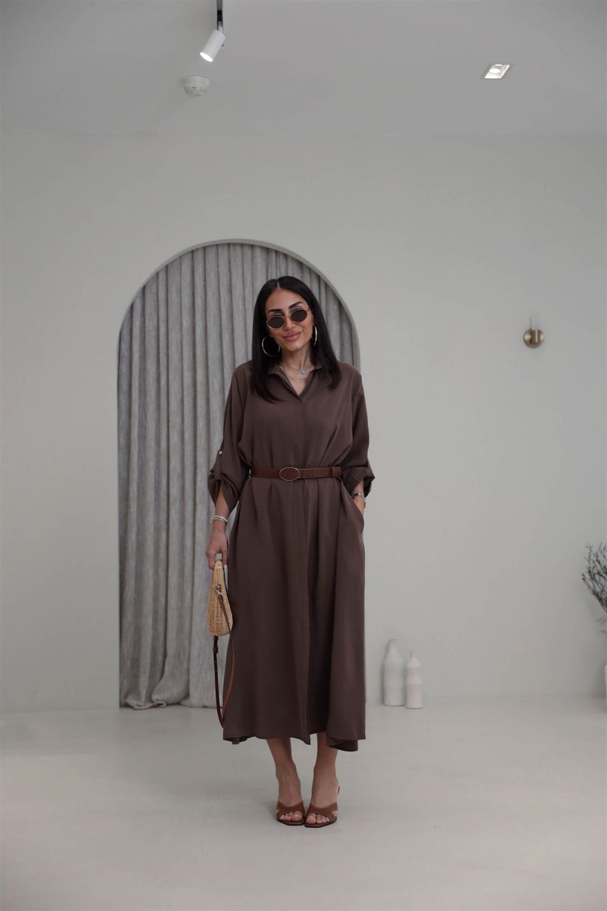 3270 Kemer Detaylı Tencel Kumaş Gömlek Elbise KAHVE