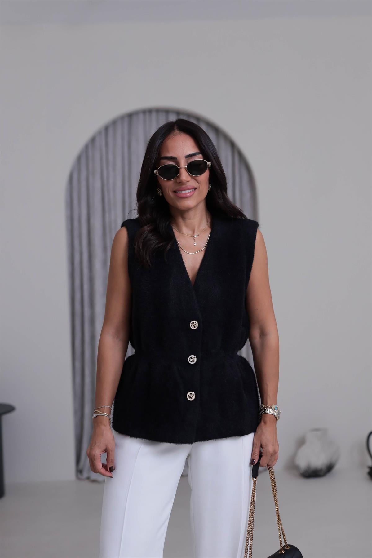 0364 Düğmeli Belden Büzgülü Angora Yelek SİYAH