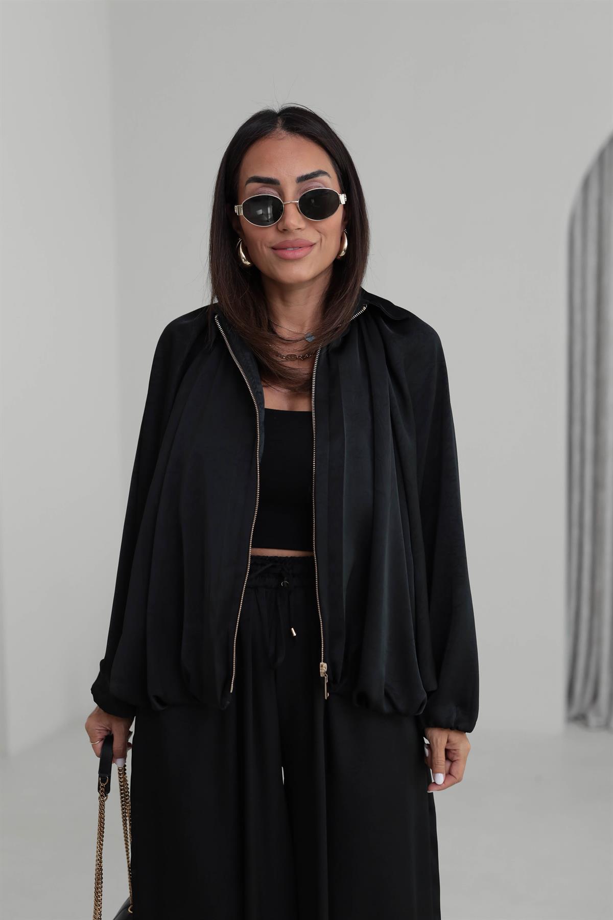 9584 Kendinden Desenli Saten Bomber Ceket SİYAH