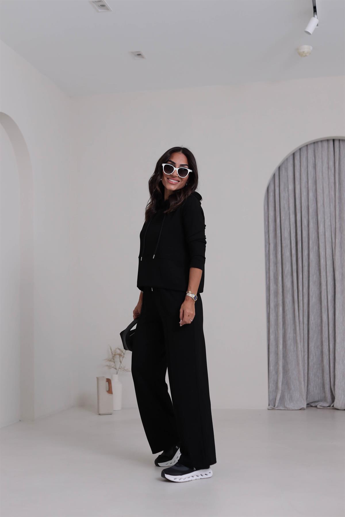 7327 Kapşonlu Yırtmaçlı Çimalı Modal Takım SİYAH