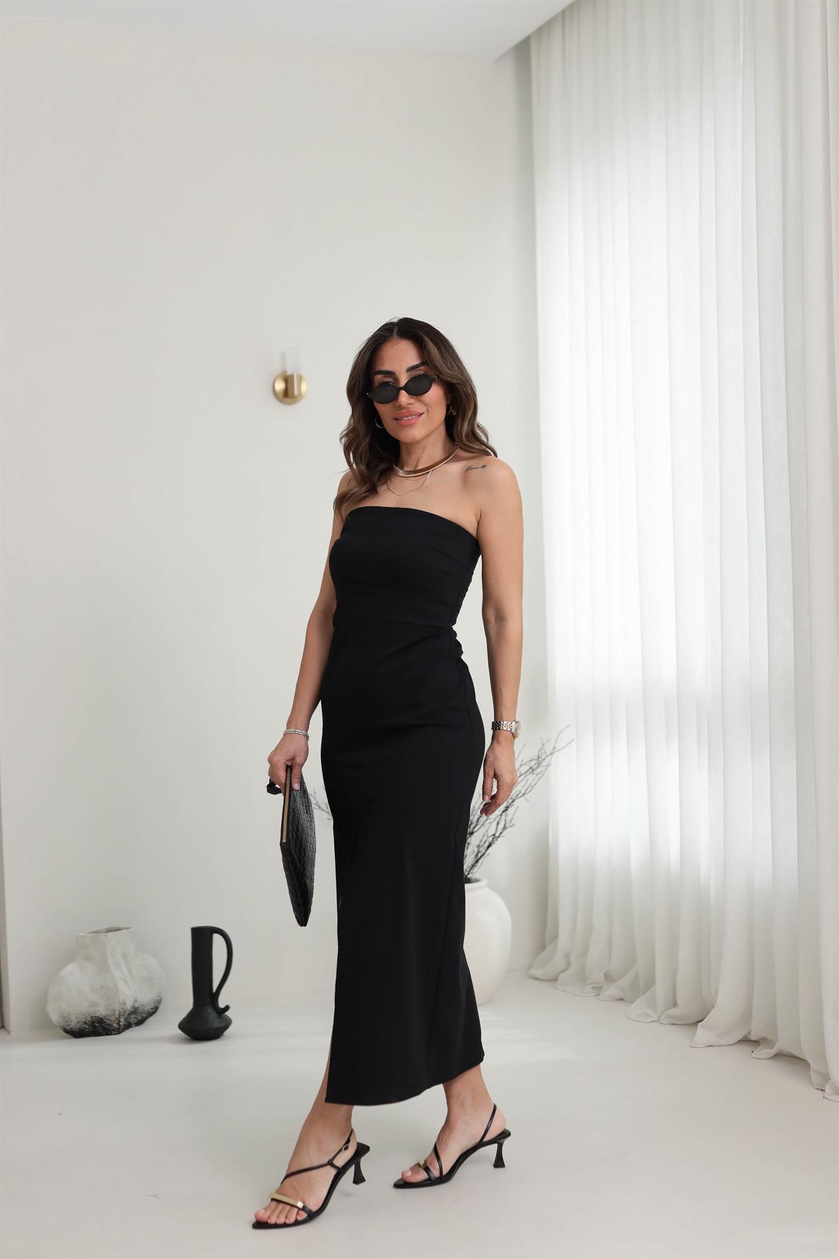 0758 Likralı Yırtmaç Detaylı Straplez Elbise SİYAH