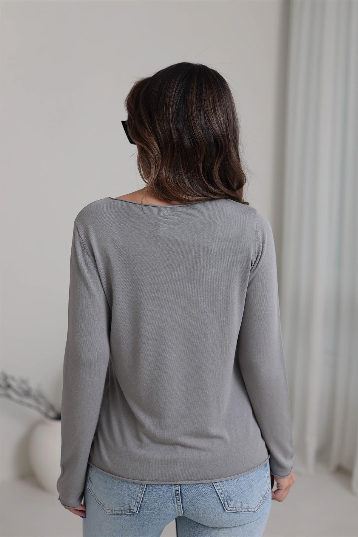 1061 Açık Yaka Uzun Kol İnce Triko GRİ