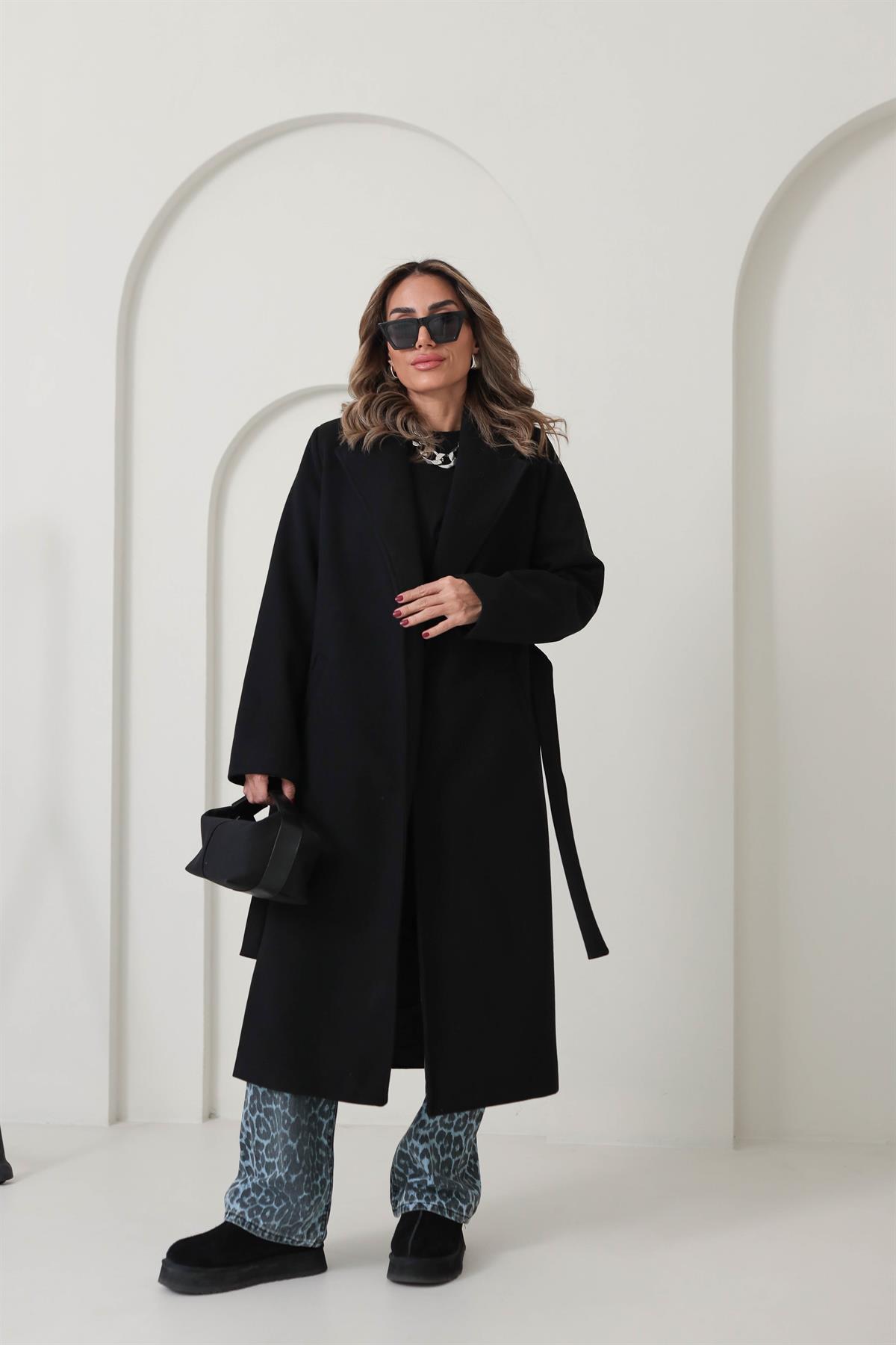 9350 Kuşaklı Kaşe Kaban SİYAH