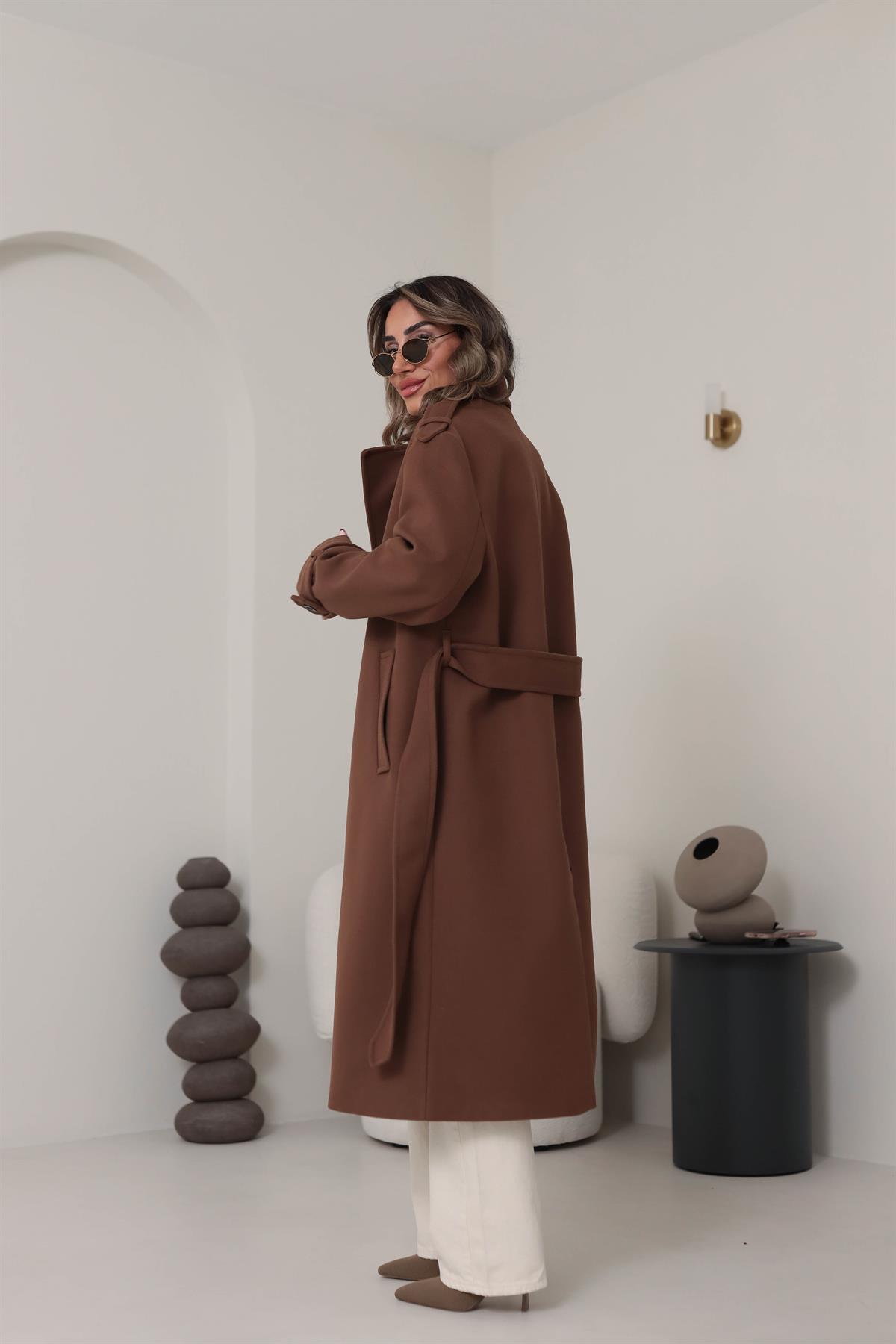 9377 Düğmeli Apoletli Kaşe Kaban KAHVE