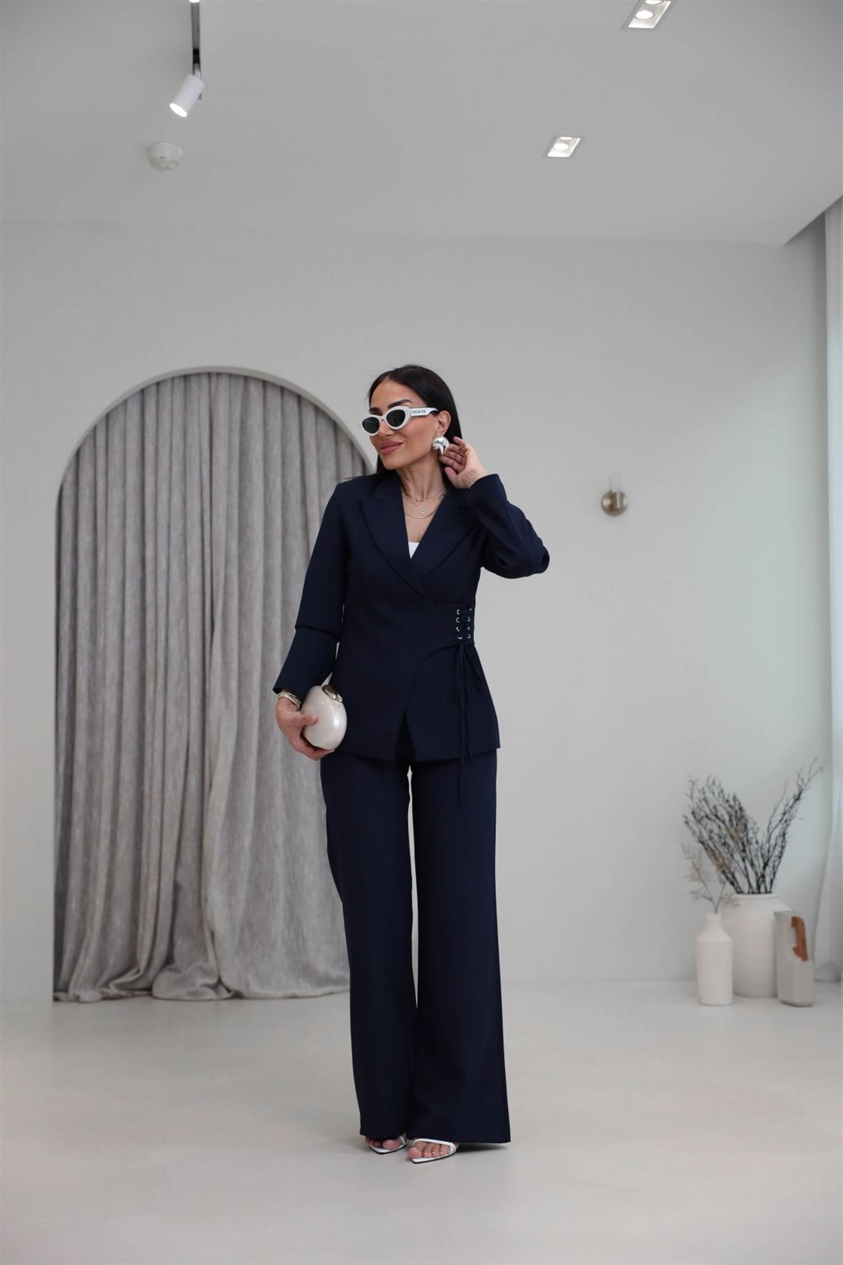 9295 Yandan Kuşgözü Bağlama Detaylı Ceket Pantolon Takım LACİVERT