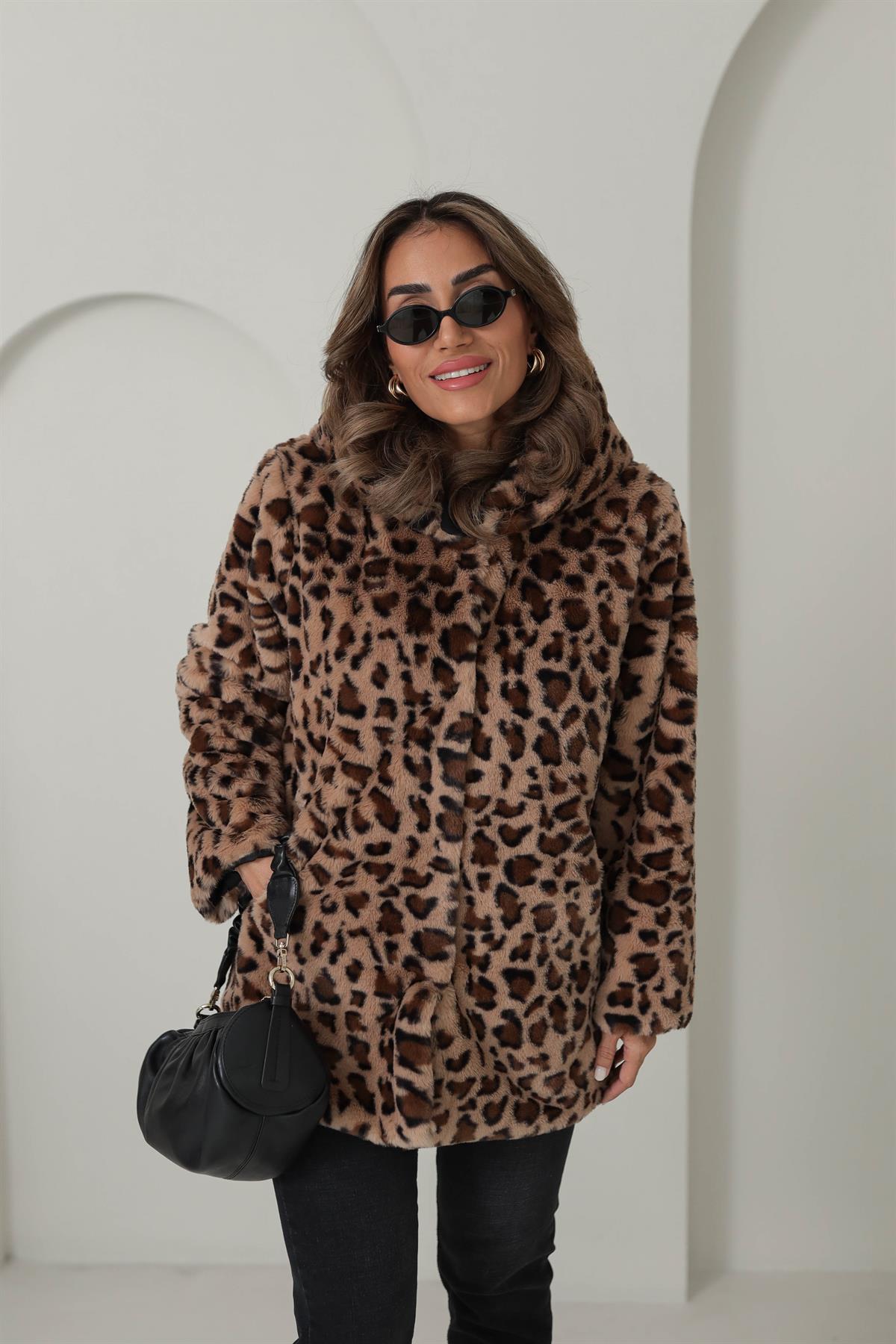 1139 Kapşonlu Kalın Kürk LEOPAR KAHVE