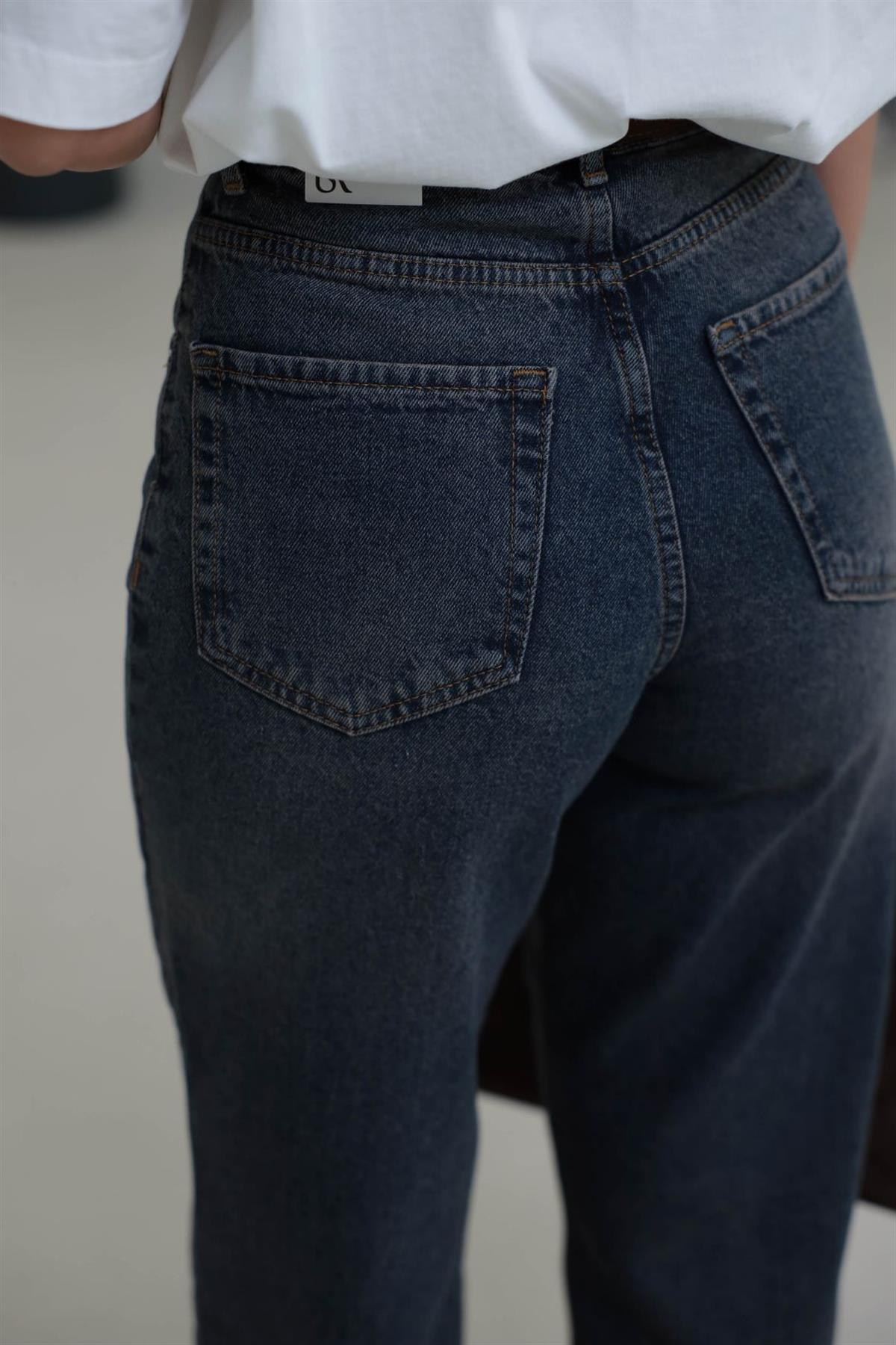 3010 Kemerli Yüksek Bel Baggy Jean KOYU TİNTLİ