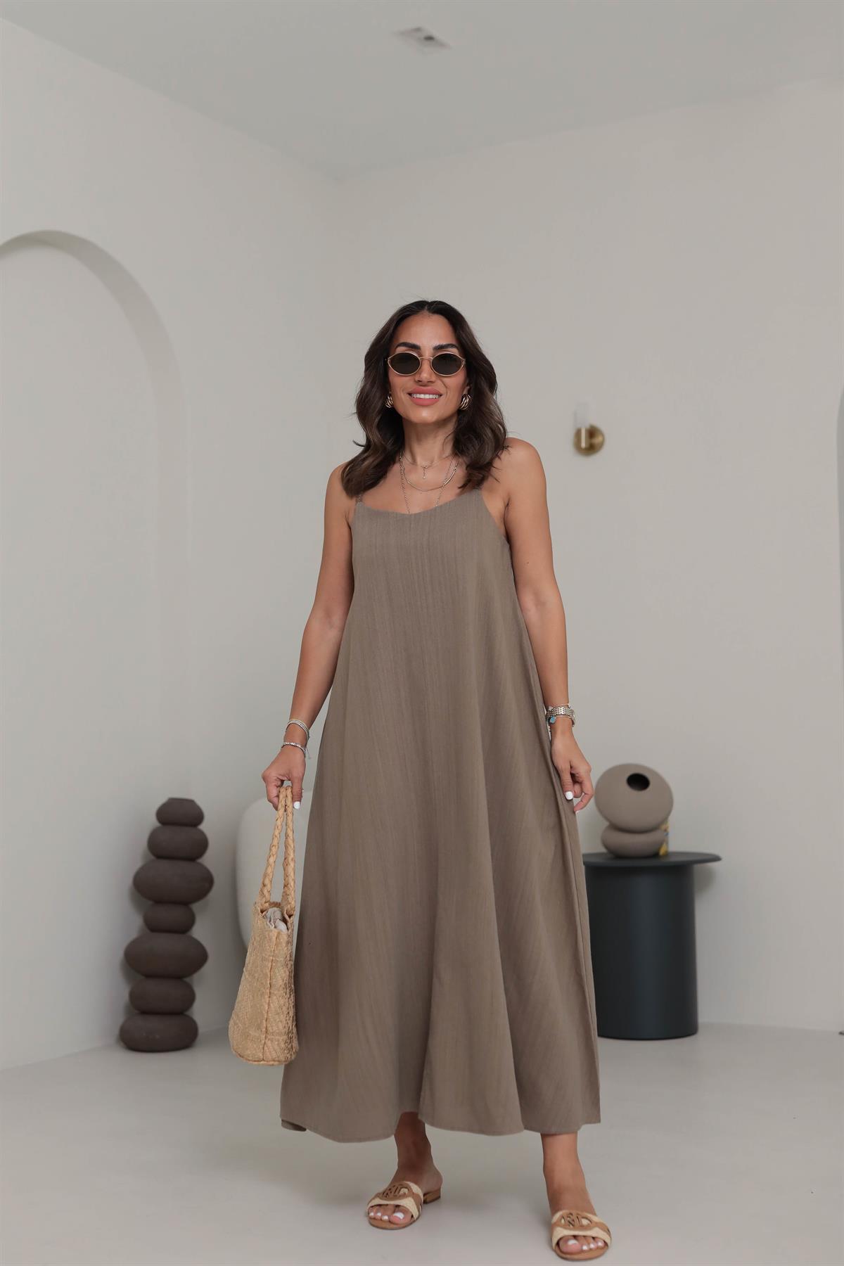 DXB Hasır Örgü Askılı Keten Elbise KAHVE