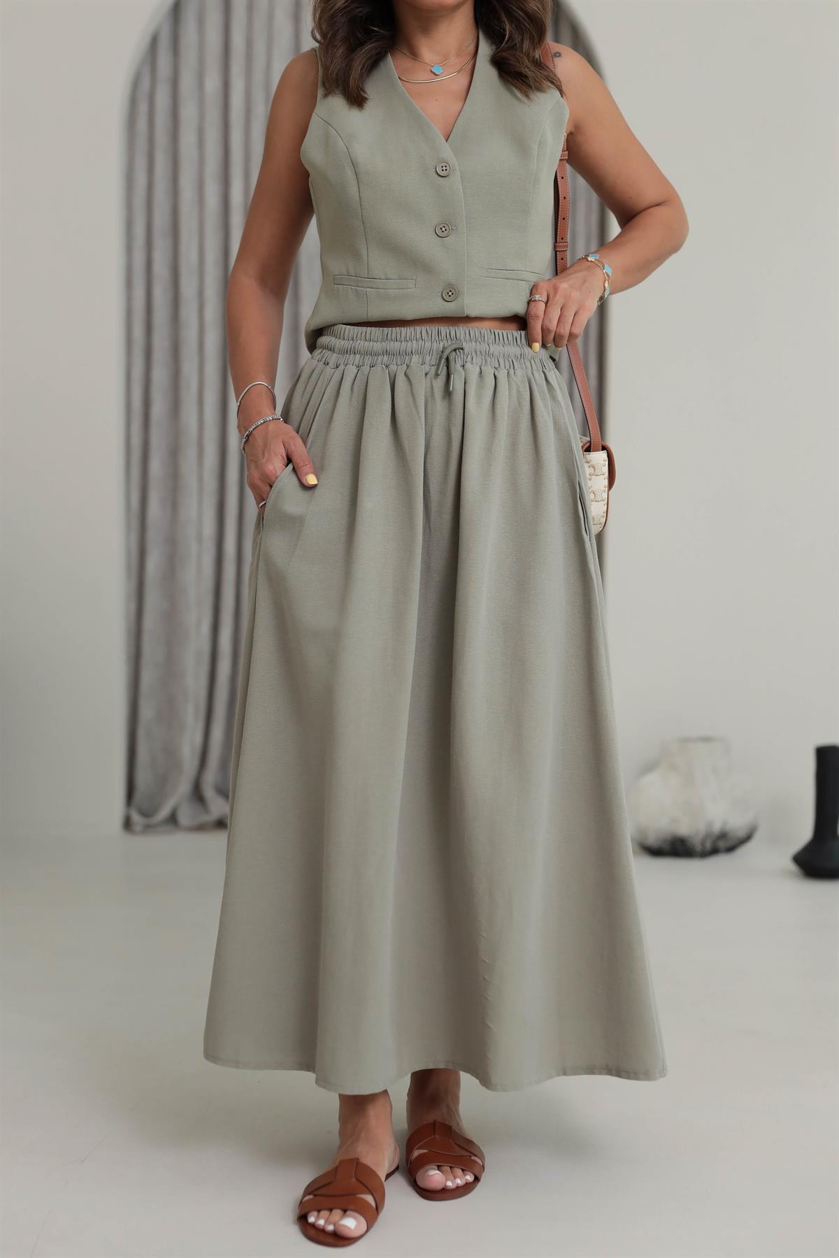 7730 Cepli Beli Lastikli Midi Etek HAKİ YEŞİL