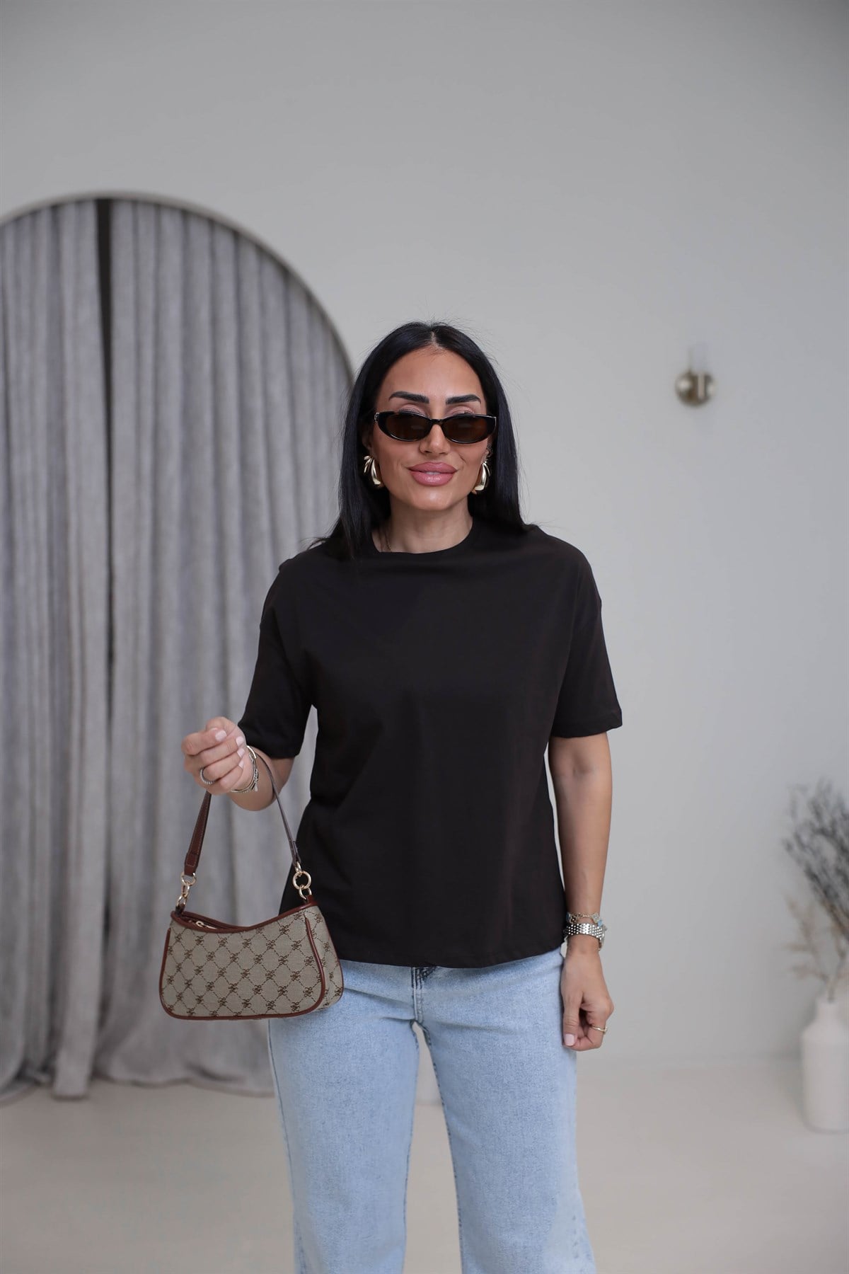 3683Y Bisiklet Yaka Pamuklu Basic Tshirt KOYU KAHVE