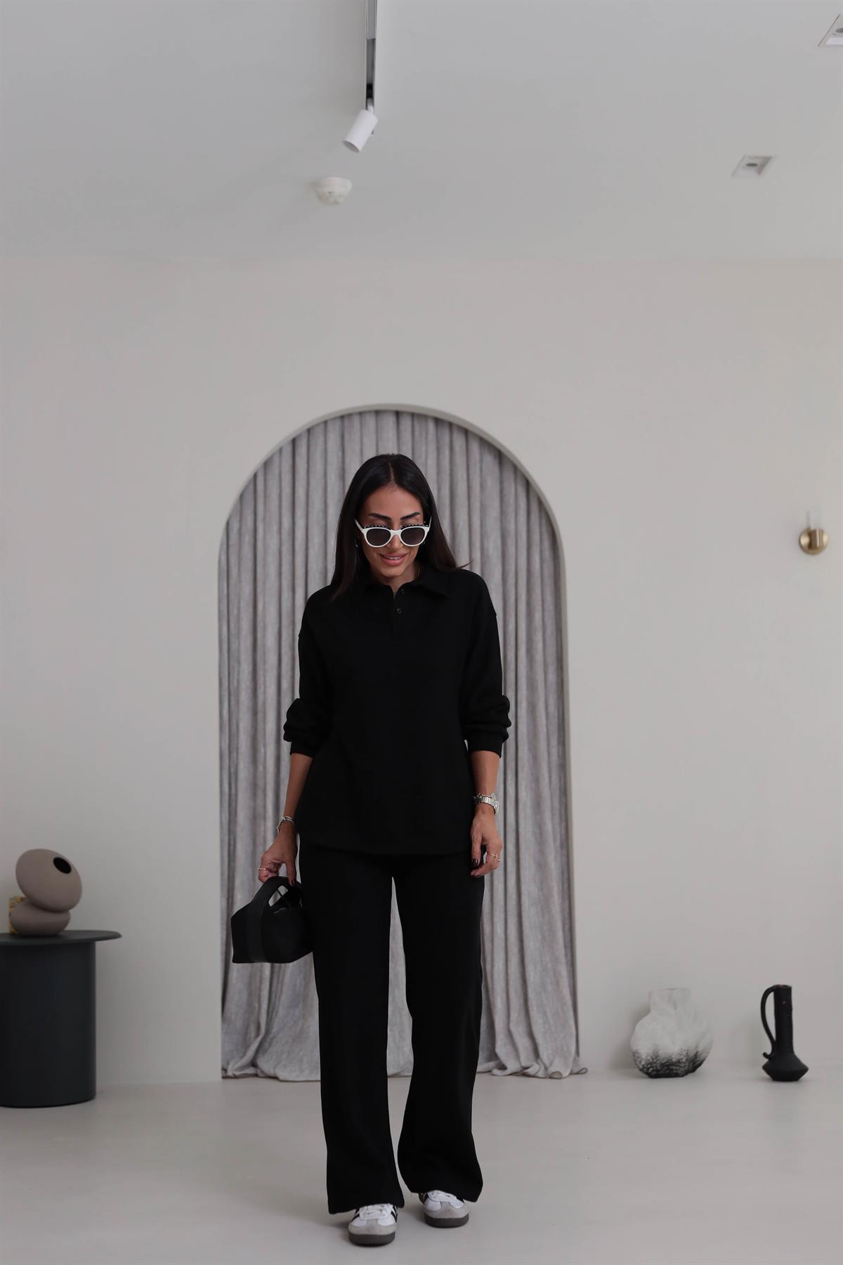 2411 Selanik Polo Yaka Yarım Düğmeli Rahat Takım SİYAH