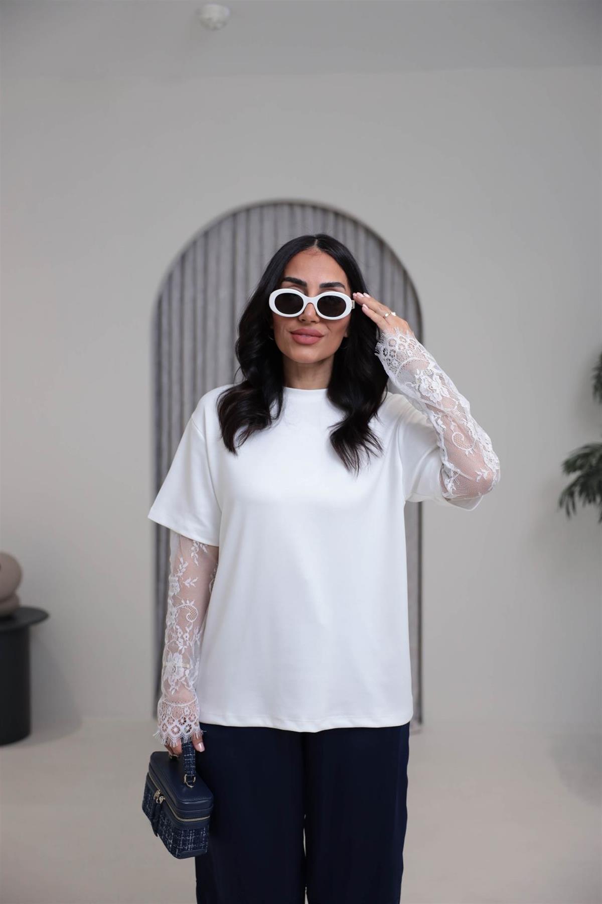 1049 Kolları Dantel Detaylı Modal Tshirt EKRU
