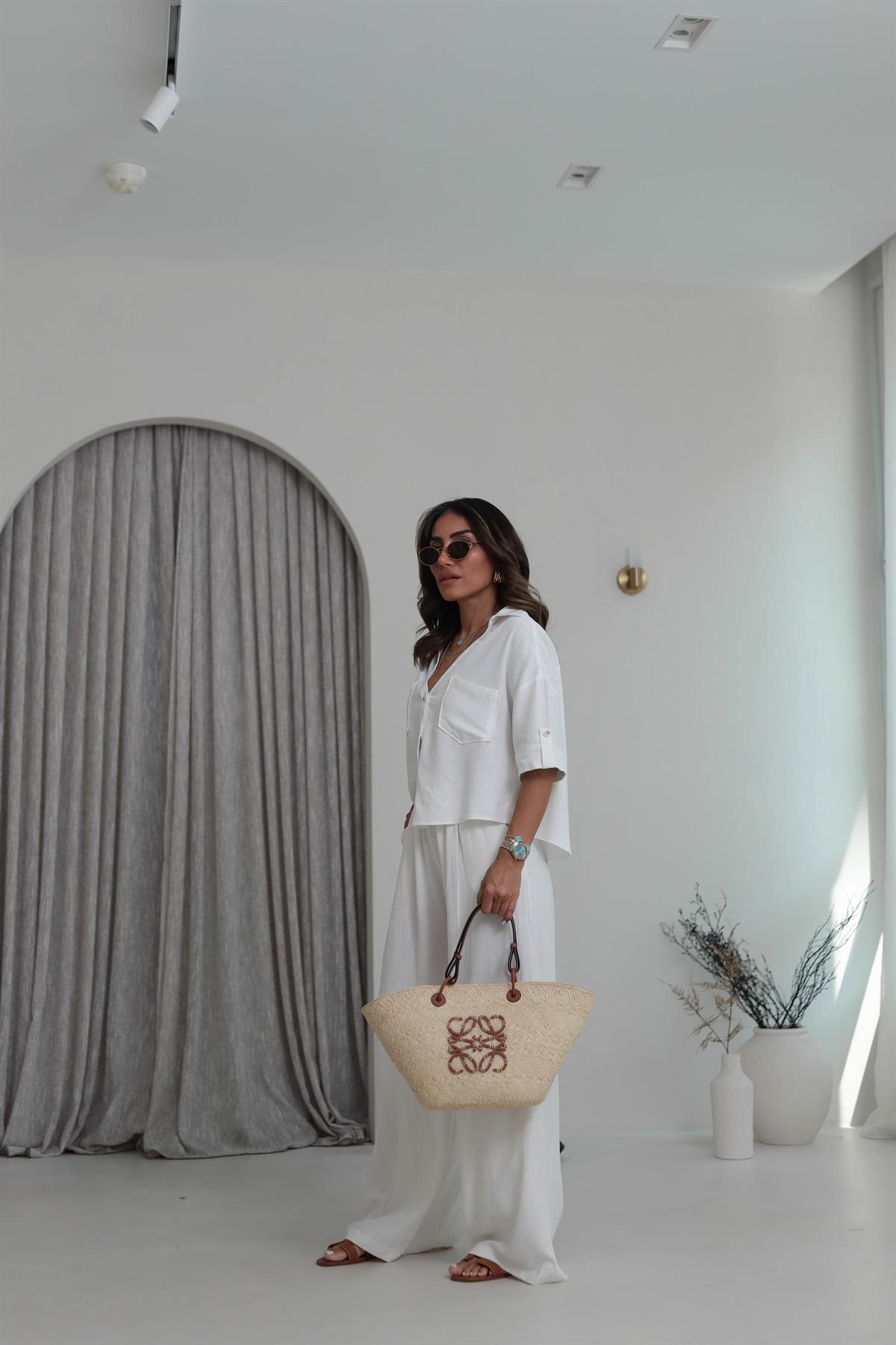 0451 Dökümlü Pamuklu V Yaka Gömlek Pantolon Takım EKRU