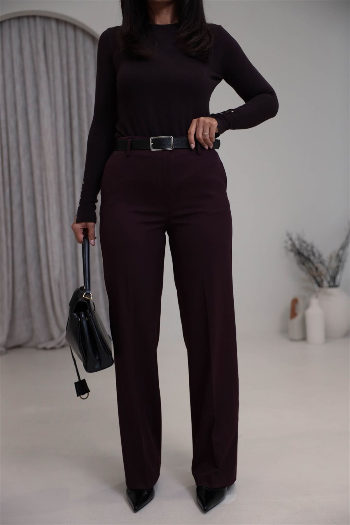 7291 Kemerli Ütü Çizgili Kumaş Pantolon BORDO