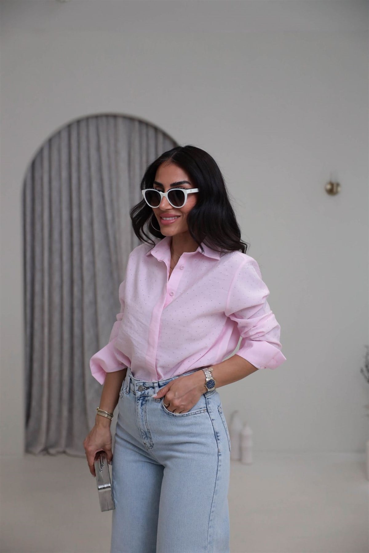 7335 Tencel Kumaş Taşlı Gömlek PEMBE